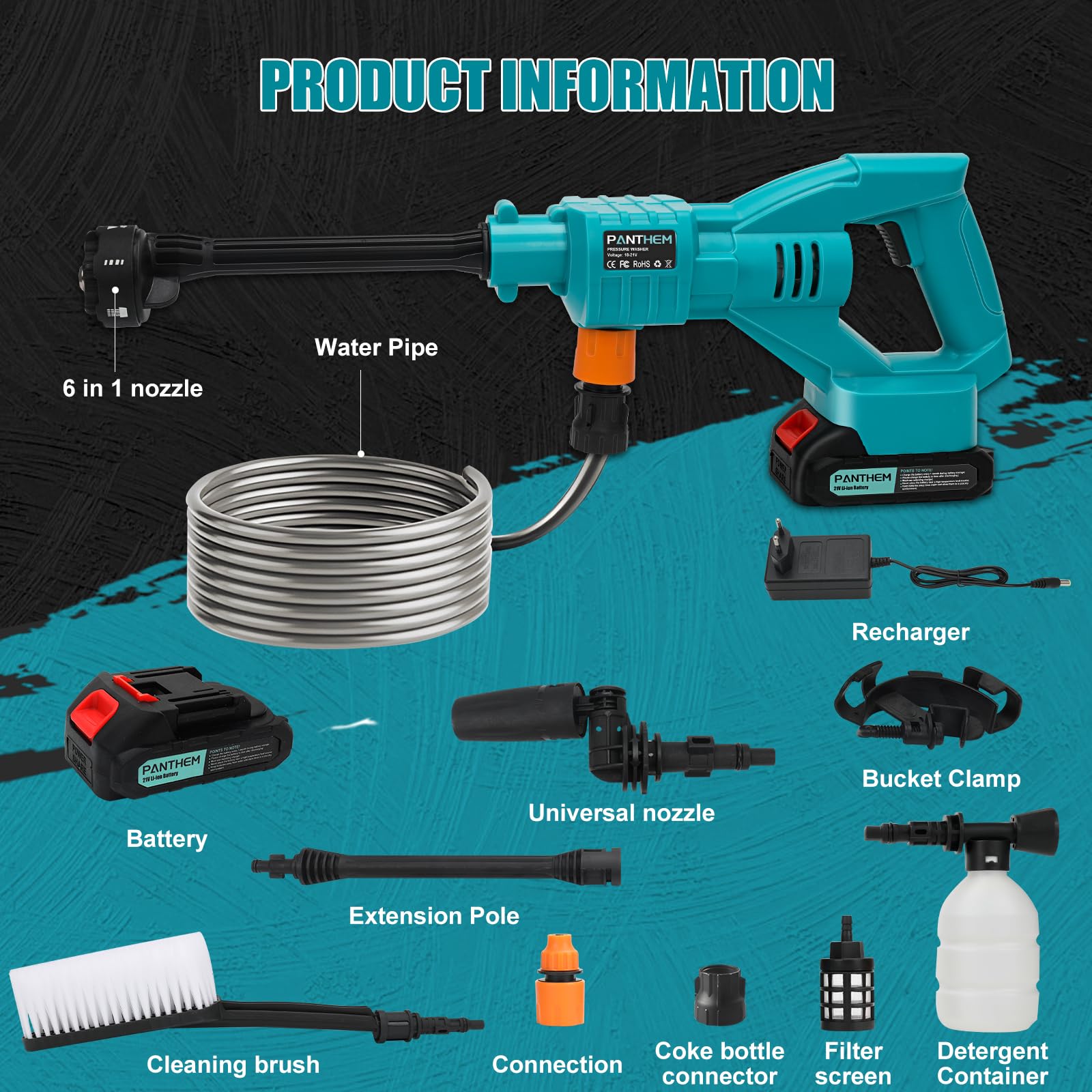 Hidrolimpiadora Inalámbrica con 2.0Ah Baterías 30Bar Lavadora a Presión | Compatible con Makita 18 V, Pressure Washer con Batería Recargable Boquillas 6 en 1 para Coche Cerca Piso Limpieza Riego