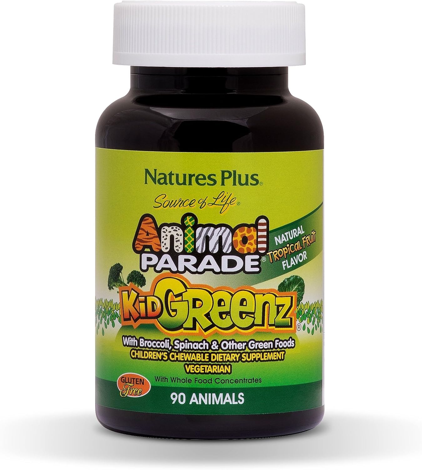 NaturesPlus Animal Parade KidGreenz, Green Superfood Blend for Kids, Tropical Fruit Flavour, Vegan, Gluten Free