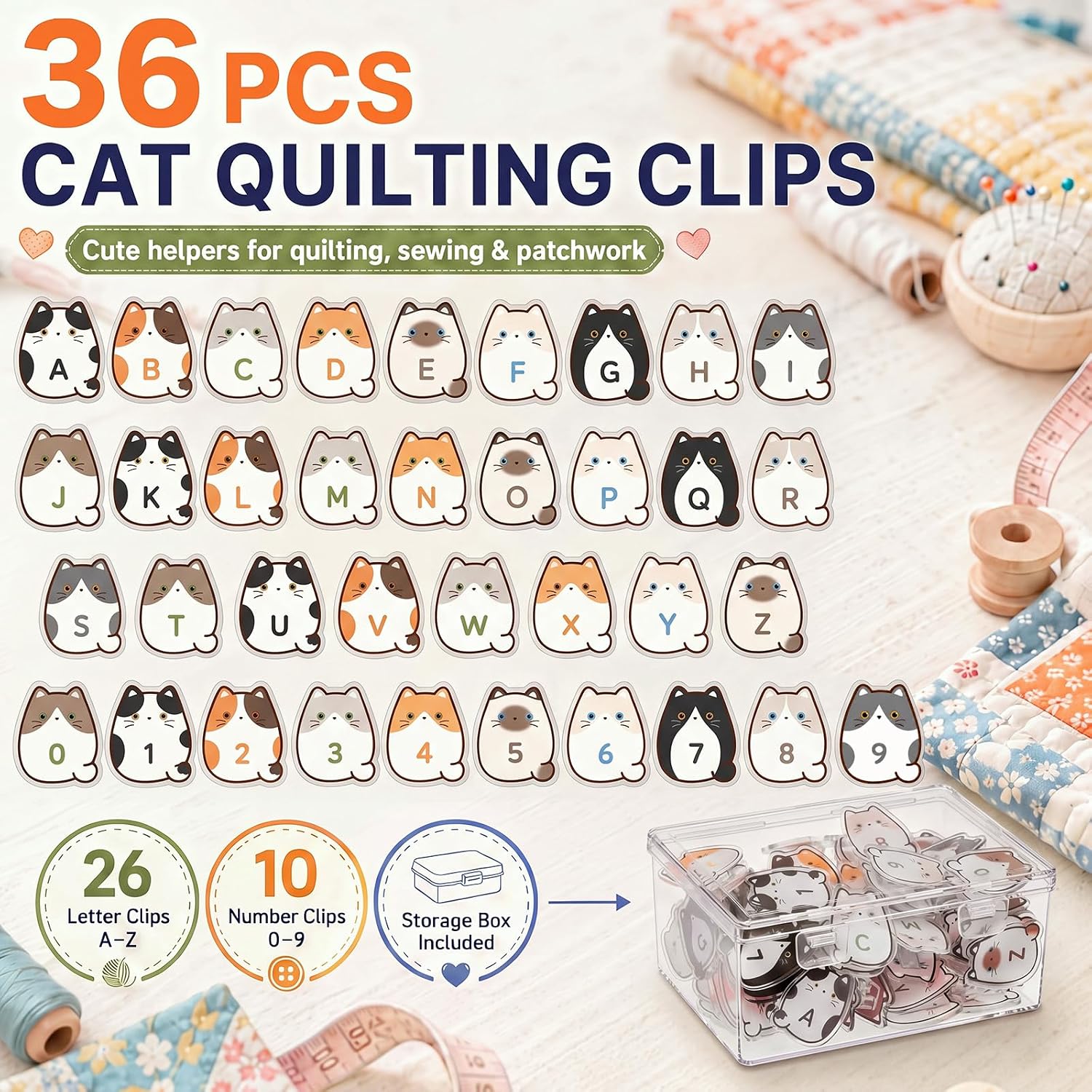 36 Pcs Cat Alpha Number Sewing Clip for Quilting, Colorful