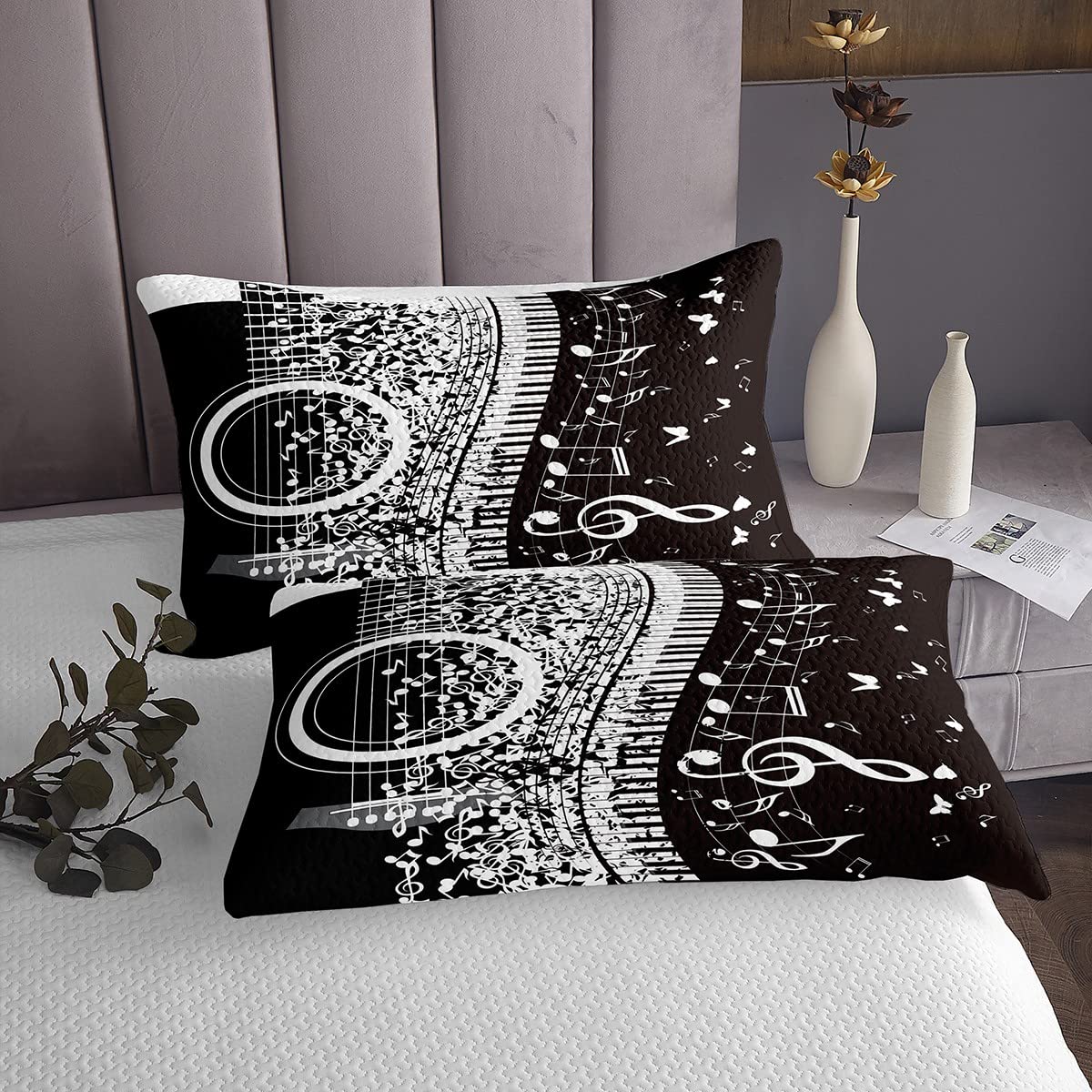 Juego de funda acolchada para guitarra y teclado para piano de guitarra, colcha acolchada para niños y niñas, diseño de notas musicales, instrumentos musicales, 3 piezas de cama King