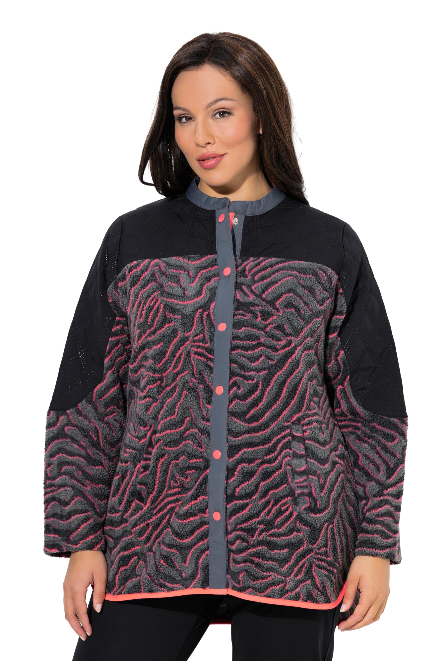 Ulla Popken Damen große Größen Übergrößen Plus Size Long-Fleecejacke, Tigermuster, Stehkragen, Langarm 845072
