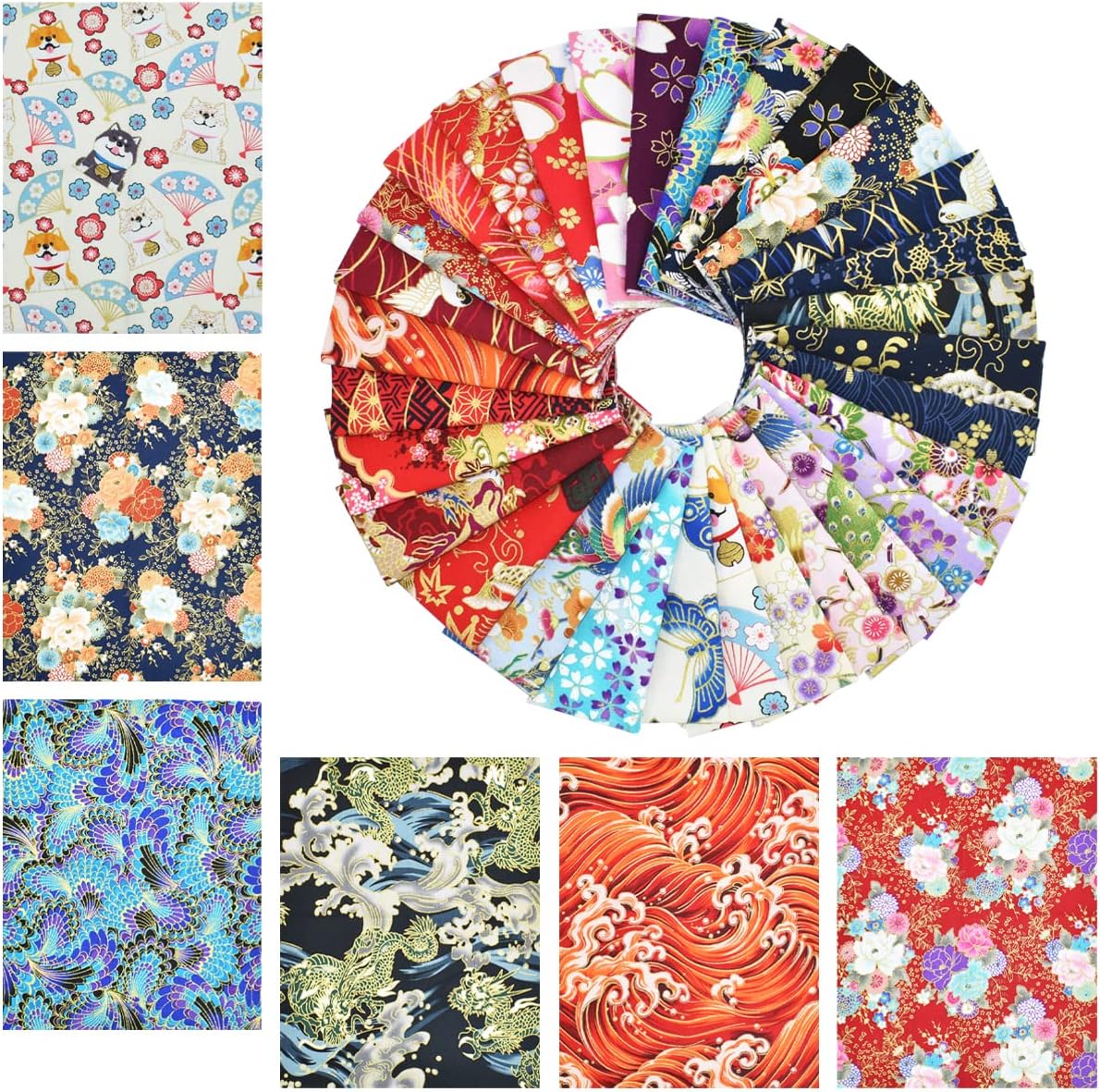 30 Pcs Cotton Quarters Fabric Bundle - 8" x 10" Japanese Style Wrapping Cloth Quilting Fabric for DIY Patchwork Sewing Craft with Different Patterns