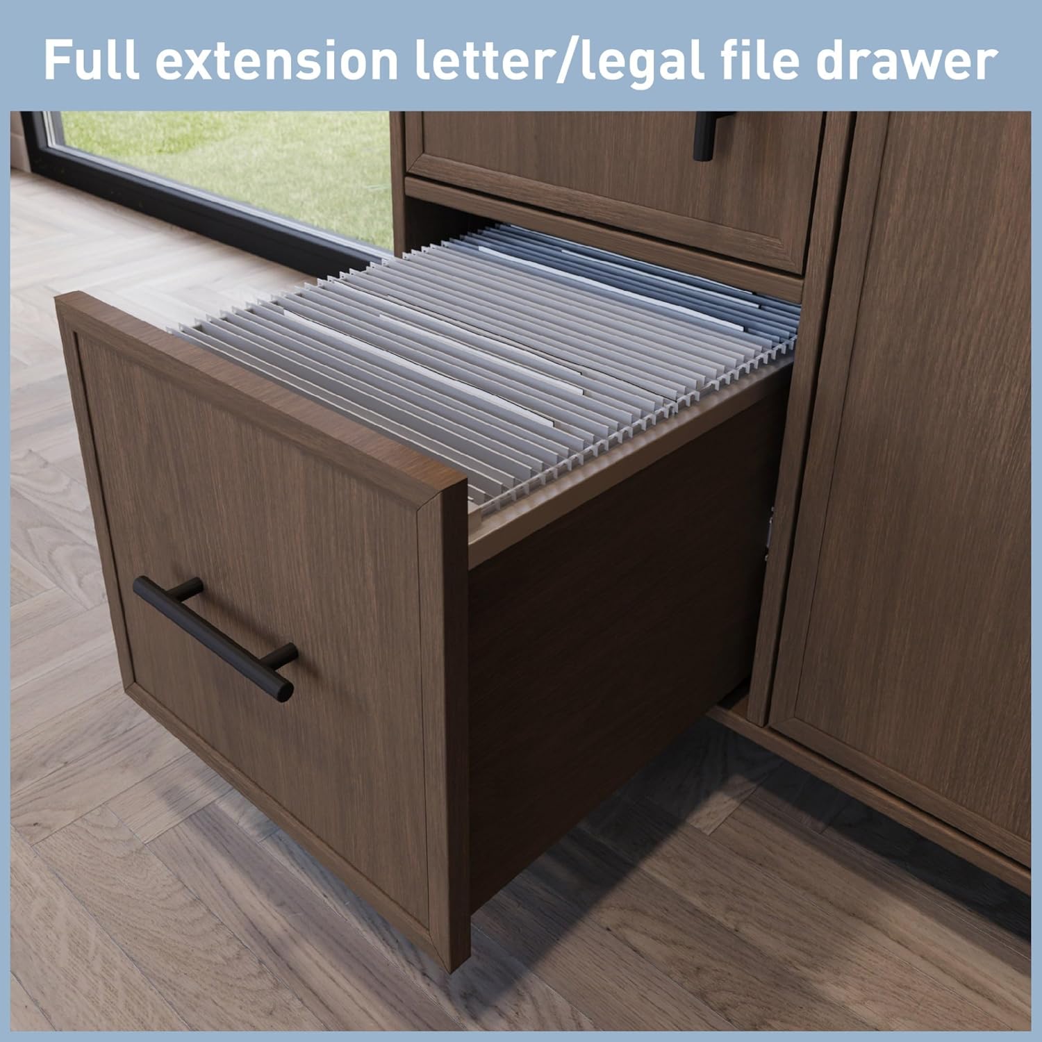 A full extension letter/legal file drawer of the Realspace Multifunction Mobile File Cabinet, open and filled with hanging files