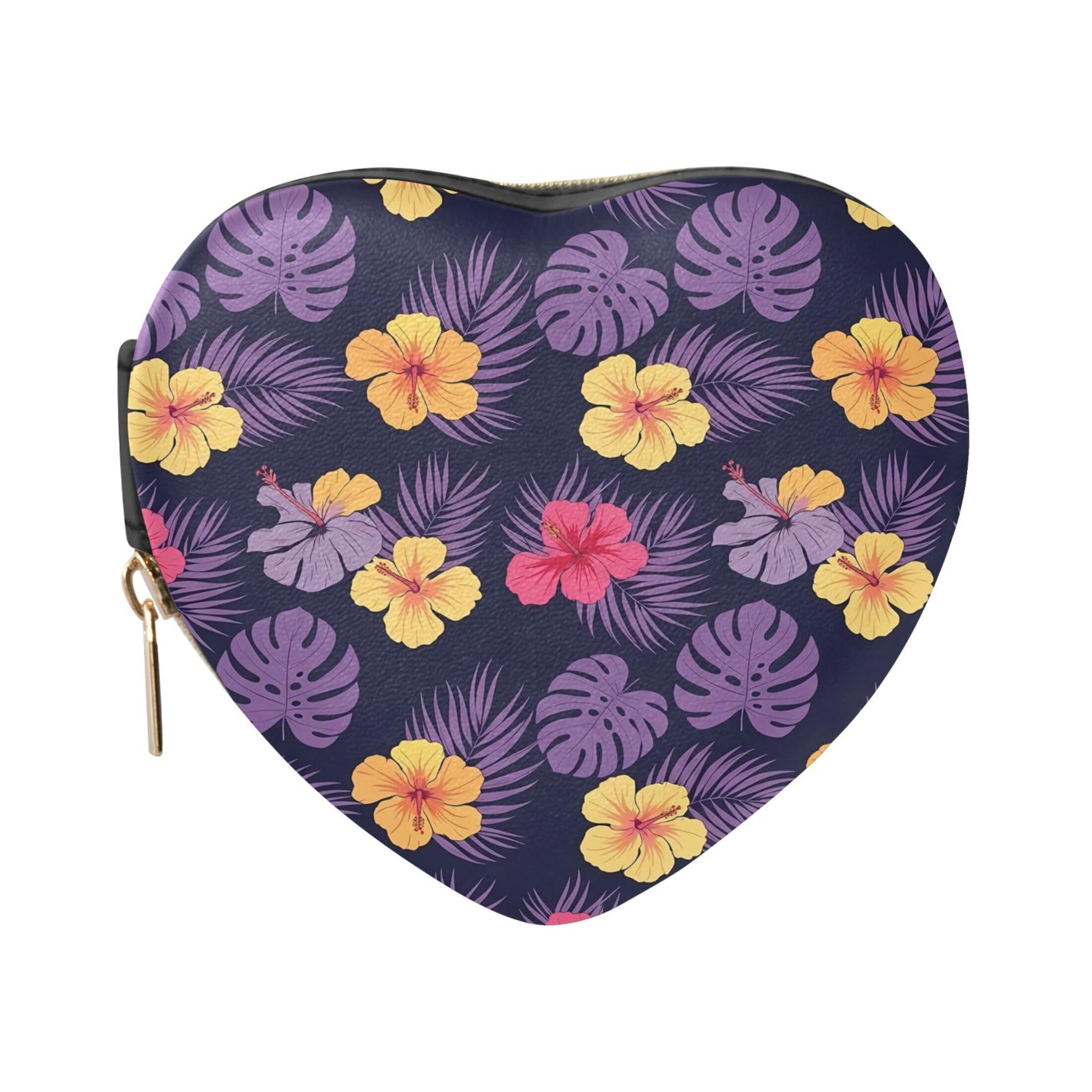 Fuauuyl Hibiscus Monstera Leaves Small Jewelry Box Heart-Shaped Jewelry Case, Portable Travel Organizer Bridesmaid Proposal Gift for Women Girls