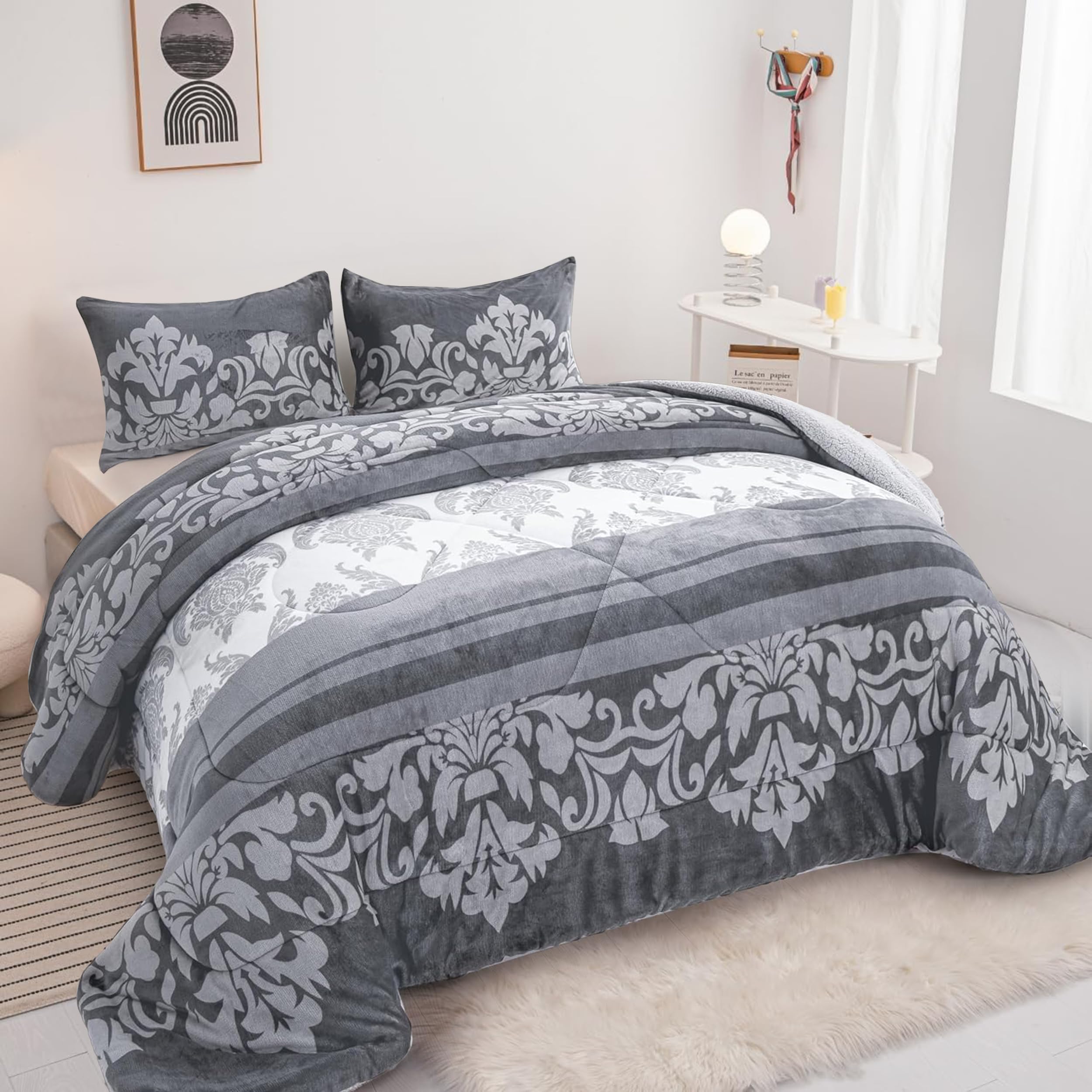 BESCH Edredón Invierno Borreguillo Nórdico 240x260cm para Cama 135/150 con 2 Fundas Almohada - Edredón Borrego Sherpa Extra Suave, Cálido, Gruesa - Flores