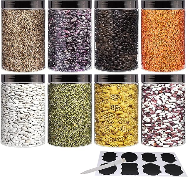 8 Pack 25 oz Plastic Jars With Lids, Extra Labels, 1 Pen, Clear PET Seal Jar for Food Storage,Wide Opening Storage Jar for Dry Food, Peanut, Powder, Kitchen & Craft Storage by YBCPACK