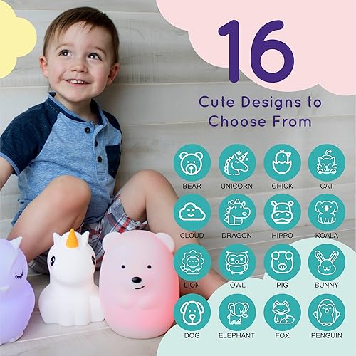 Miniatura 9 de LumiPets Eggbert the Elephant - Luz nocturna blanda para niños Luz nocturna de silicona con grifo, control remoto, luz de animales recargable que