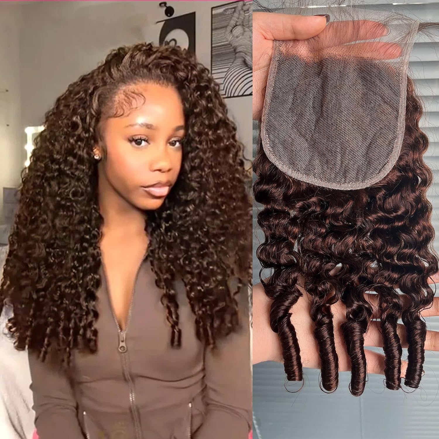 2x6 Burmese Curly Lace Closure 4# Chocolate Brown Color 100% Real Human Hair 20 Inch Transparent Lace Burmese Curly Closure Colored