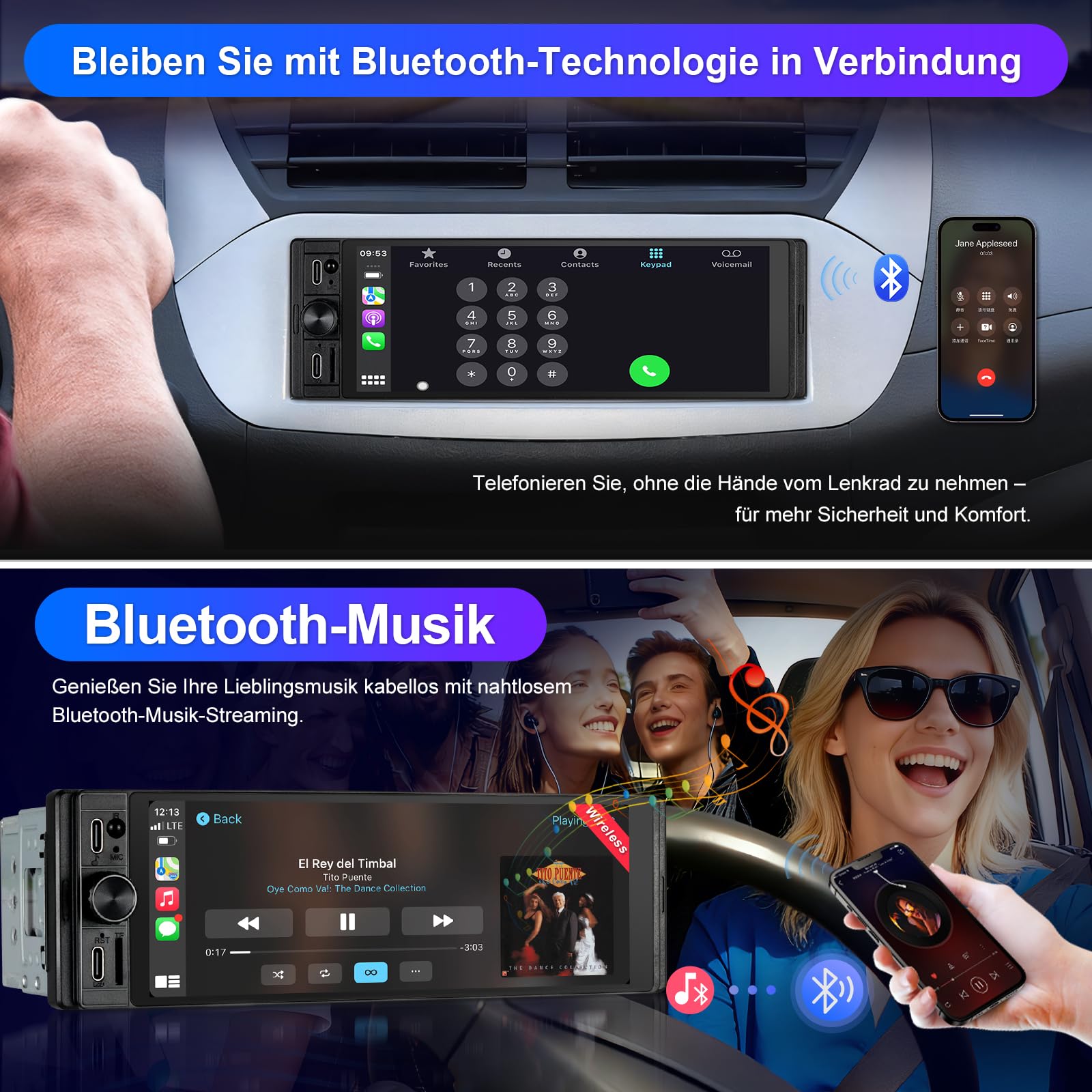 1 DIN Radio Kompatibel mit Wireless CarPlay & Android Auto, Autoradio 1Din mit 6,28 Zoll HD Bildschirm, Navi, Bluetooth, AM/FM/RDS, TF, AUX, SWC