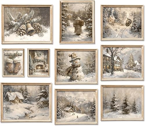FYSUIMU 10 piezas de arte de pared vintage de invierno de Navidad, arte retro cálido de paisaje, rústico, pueblo nevado, decoración de pared para