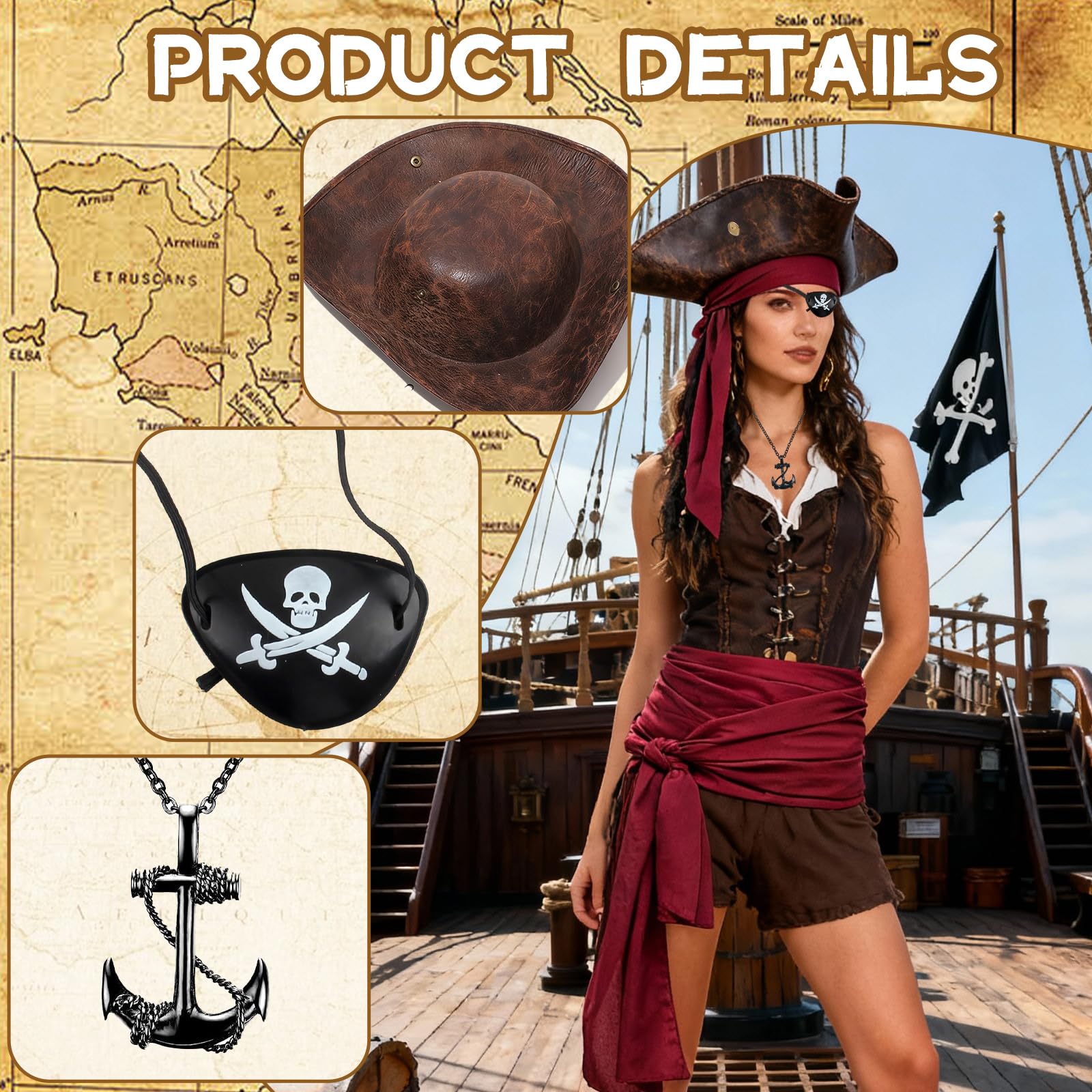 7 Pcs Pirate Costume Accessories Set for Women Men Pirate Fancy Dress pirate Accessories with Classic Tricorn Hat Red Bandana Belt Eye Patch Belt Necklace Bracelet Earring for Carnival Cosplay Party - Image 3