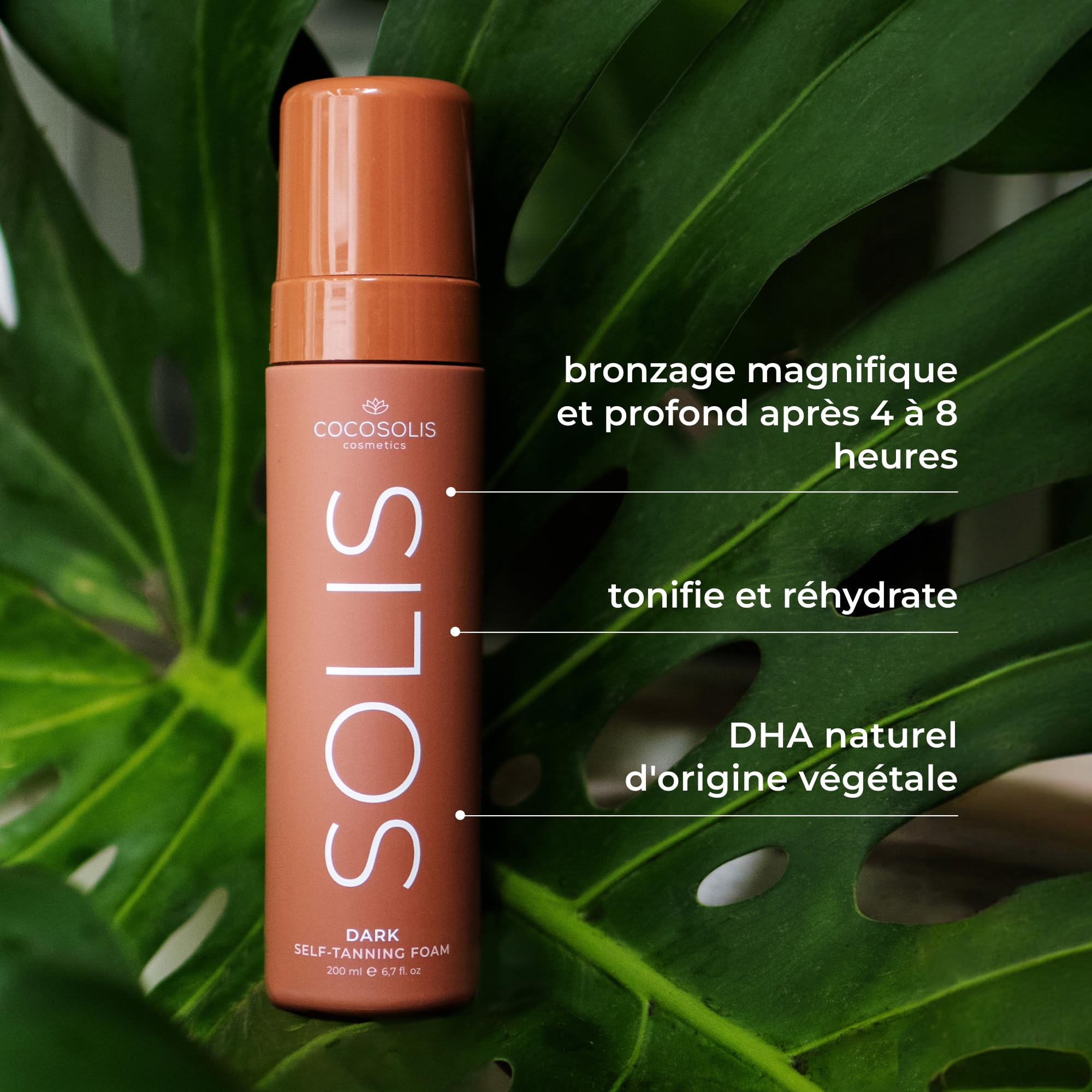 COCOSOLIS SOLIS Dark autobronzant foncée visage et corps, mousse pour un bronzage riche, naturel et longue durée, au DHA végétal (200 ml)