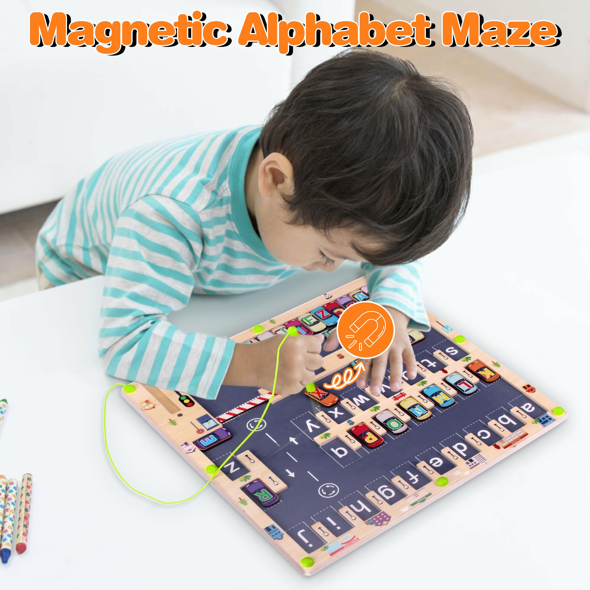 Gra magnetyczna Montessori, drewniany labirynt zabawka dla dzieci od 3 do 4 lat, alfabet, zabawka edukacyjna, zabawka motoryczna, zabawka sensoryczna dla dzieci 5-7, VL_MAGCAR26