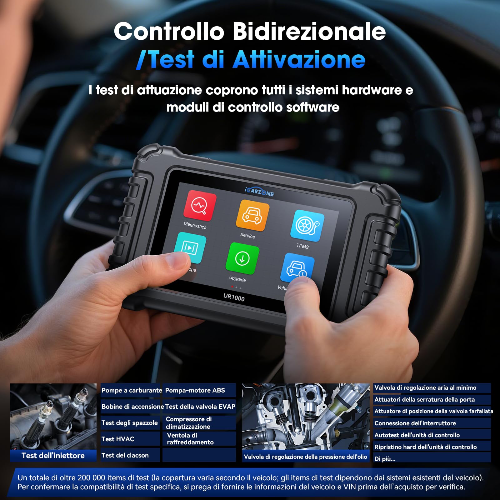 UR1000 Auto Diagnostica, Diagnosi Auto Professionale in Italiano per Tutti i Sistemi, 50 Funzioni di Reset, 10000+ Test Bidirezionale, VIN Automatico, CANFD, Program TPMS, Aggiornamento WiFi