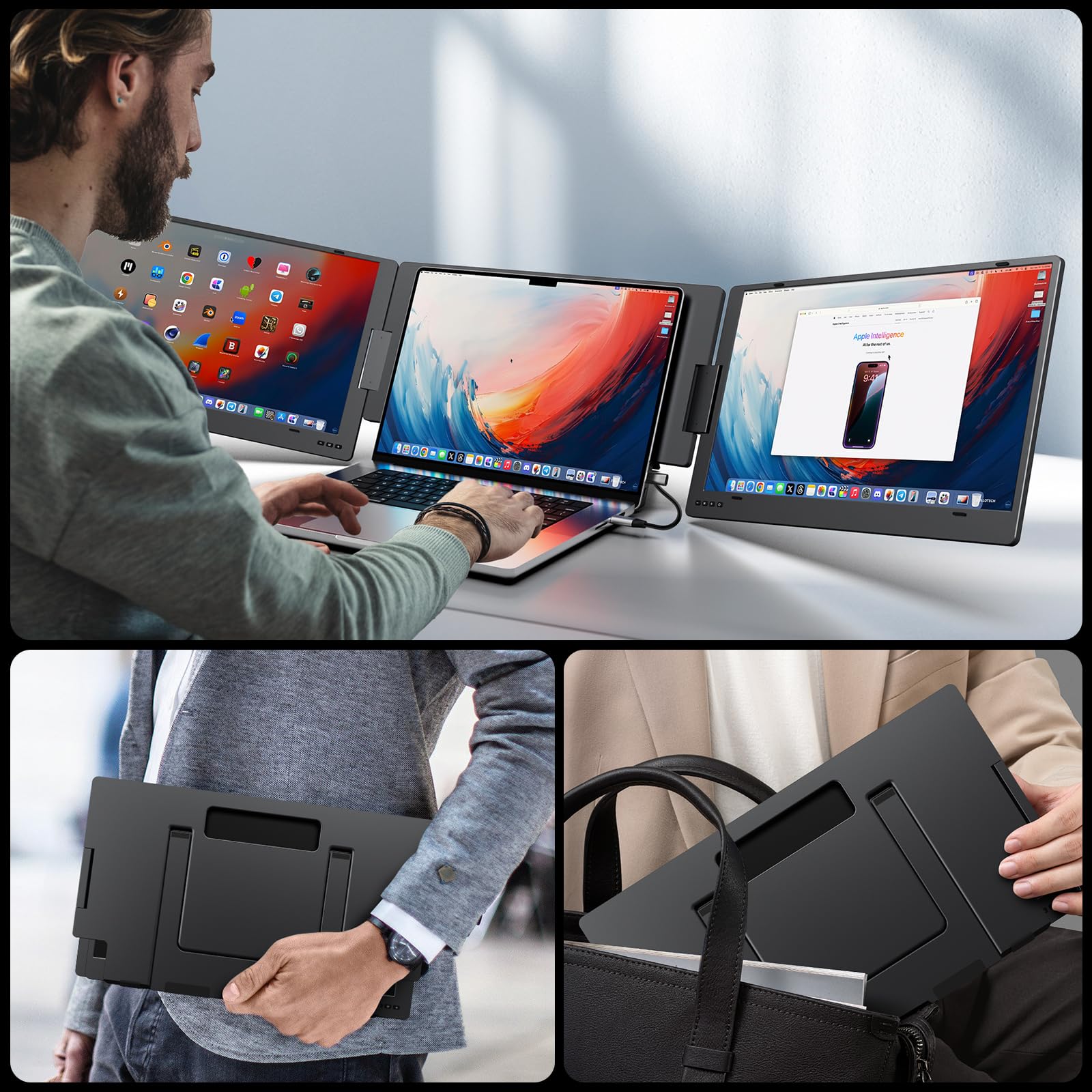 KYY 15.6" Laptop Screen Extender, 1080P FHD IPS Portable Monitor, One Cable USB-C Triple Monitor, Dual Travel Screen for 12"-17'' Laptops, 360° Rotation & Kickstand，X90D (Driver Need) — view 7