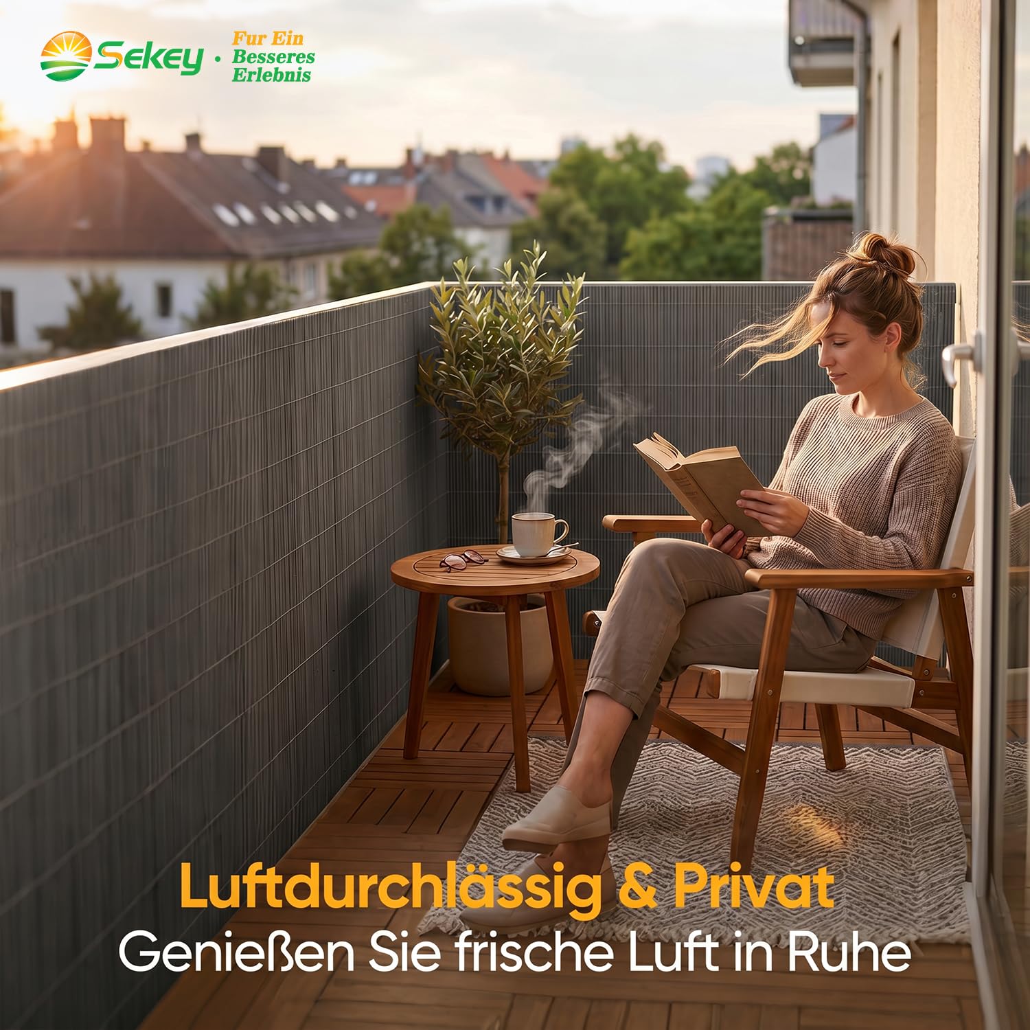 Sekey Balkon Sichtschutz Natürliche Optik 90x300cm, Sichtschutzmatte mit Kabelbindern, Sichtschutzzaun Windschutz Wasserdicht Schimmelfrei Ohne Bohren für Balkon Garten, Holz-Optik, Dunkelgrau