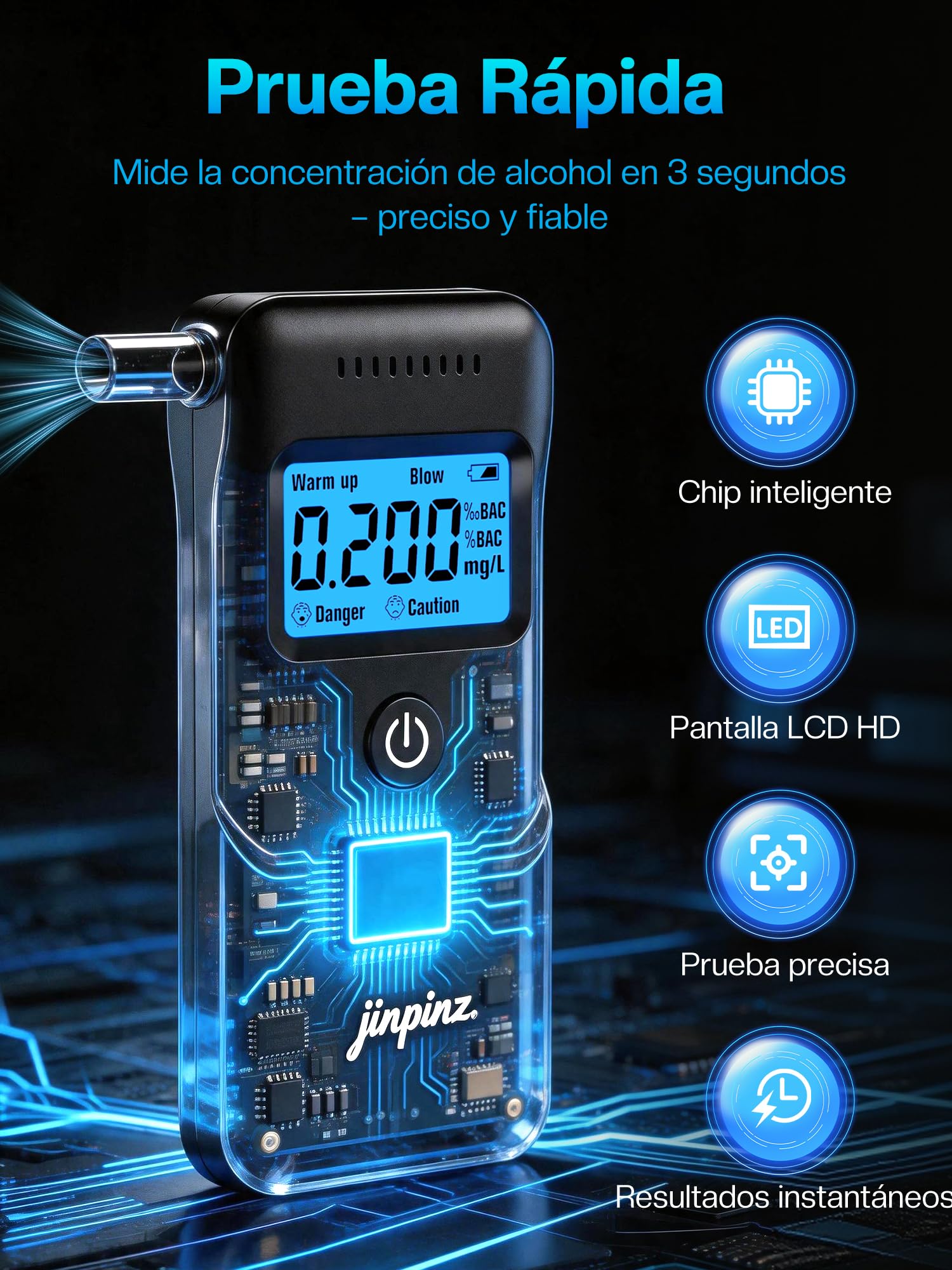 Alcoholímetro Homologado Portátil Alcol Test: Alcoholemia de Alta Precisión con Sensor Rápido - Alcoholímetro Electrónico con Pantalla LCD Azul y 10 Boquillas Reutilizables para Uso Personal Familiar