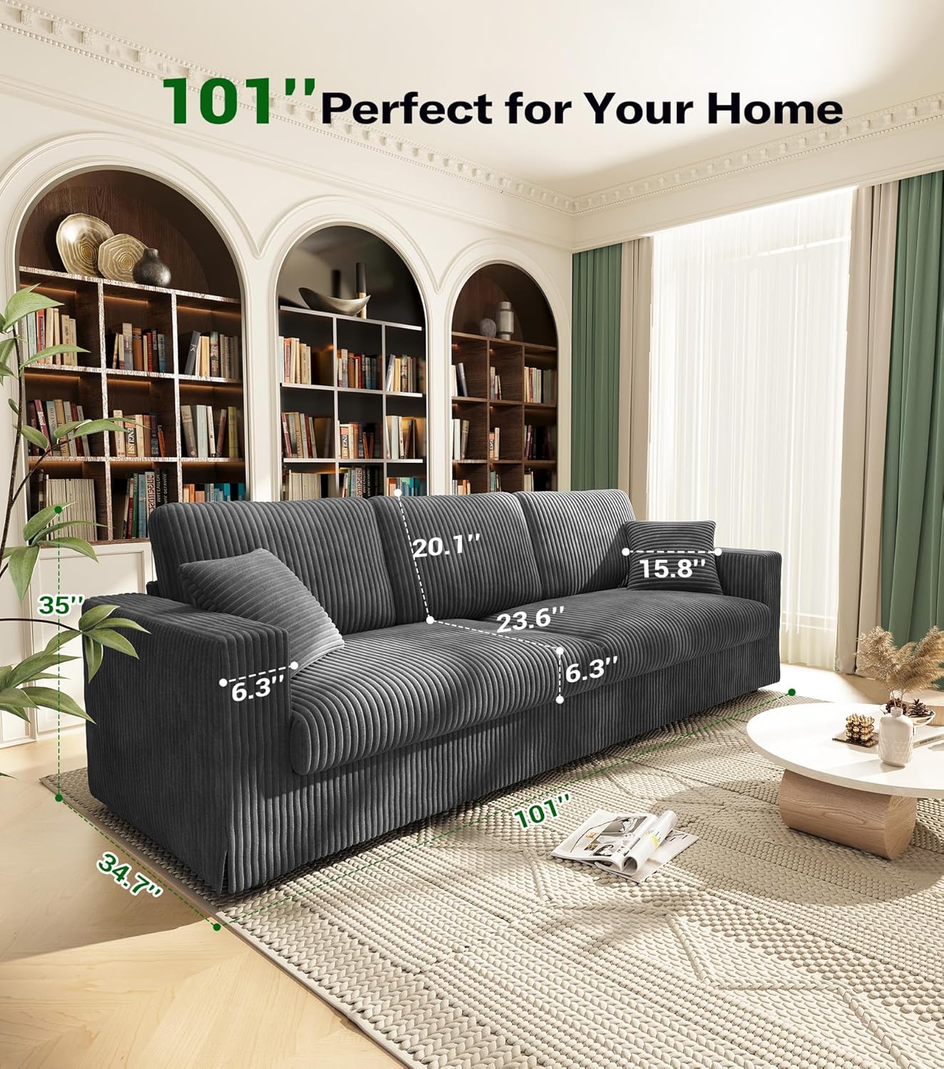 possibly incomplete, 2 boxes open upon arrival, possible damage/missing parts as is!    corduroy sofa couch, 101\" comfy couches for living room, classic grey | 24\" extra deep seat, tool-free sofas, all-wood loveseat, 2 pillows included, 850lbs load-bearing classic grey 101\" corduroy