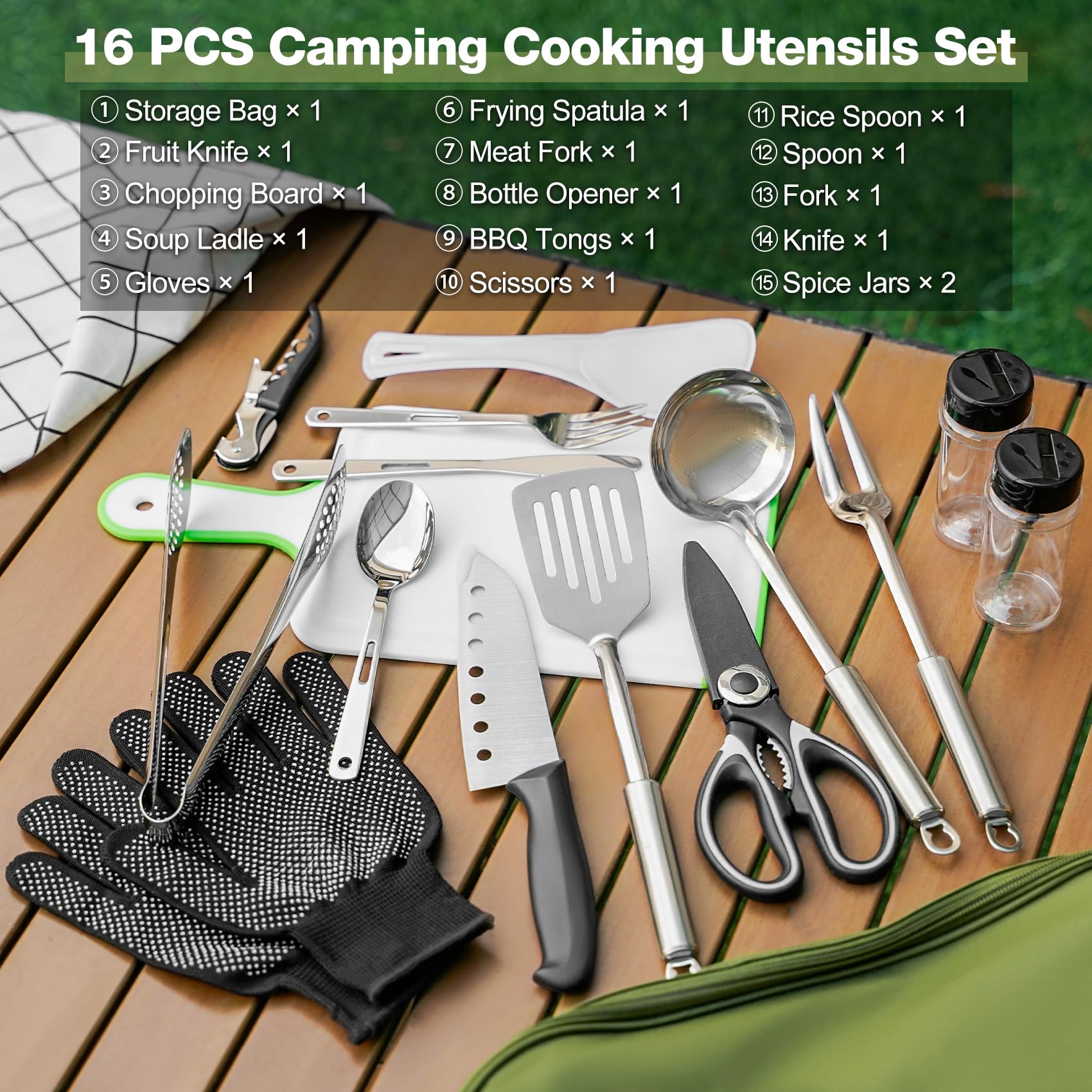 Onlyfire 16-Teiliges Camping Kitchen Utensils, Camping-Kochutensilien-Set mit Aufbewahrungstasche, Outdoor Camping-Essentials für Camping, Reisen, Picknick
