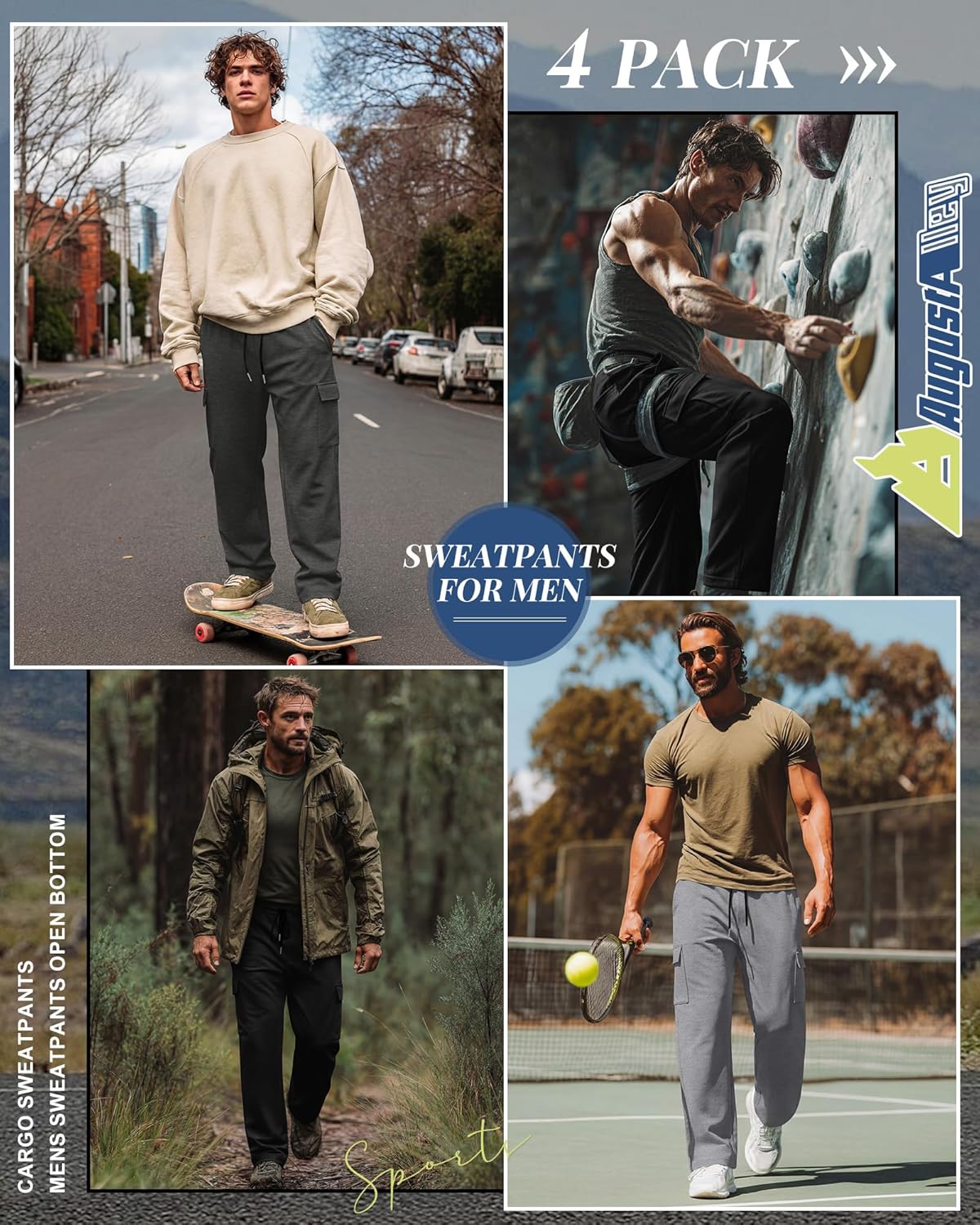 4 Pack Men's Cargo Sweatpants Straight Leg Open Bottom Baggy Joggers Pockets Drawstring Lightweight Lounge Pants - Image 2