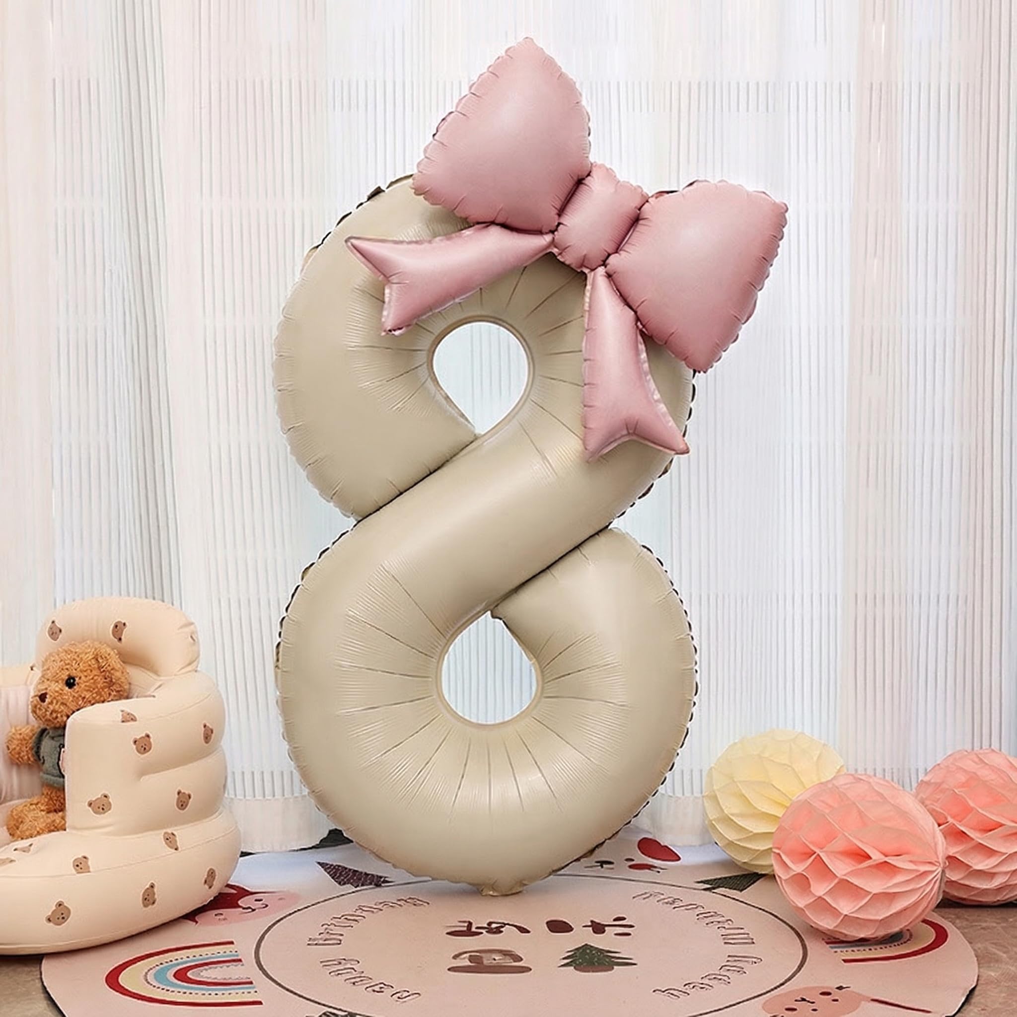 Number 8 Balloon, 40 Inch Foil Number Balloon with 21 Inch Pink Bow Balloon and Glue Dots, Giant Number Party Balloons for Celebration, Girl's Birthday Decorations