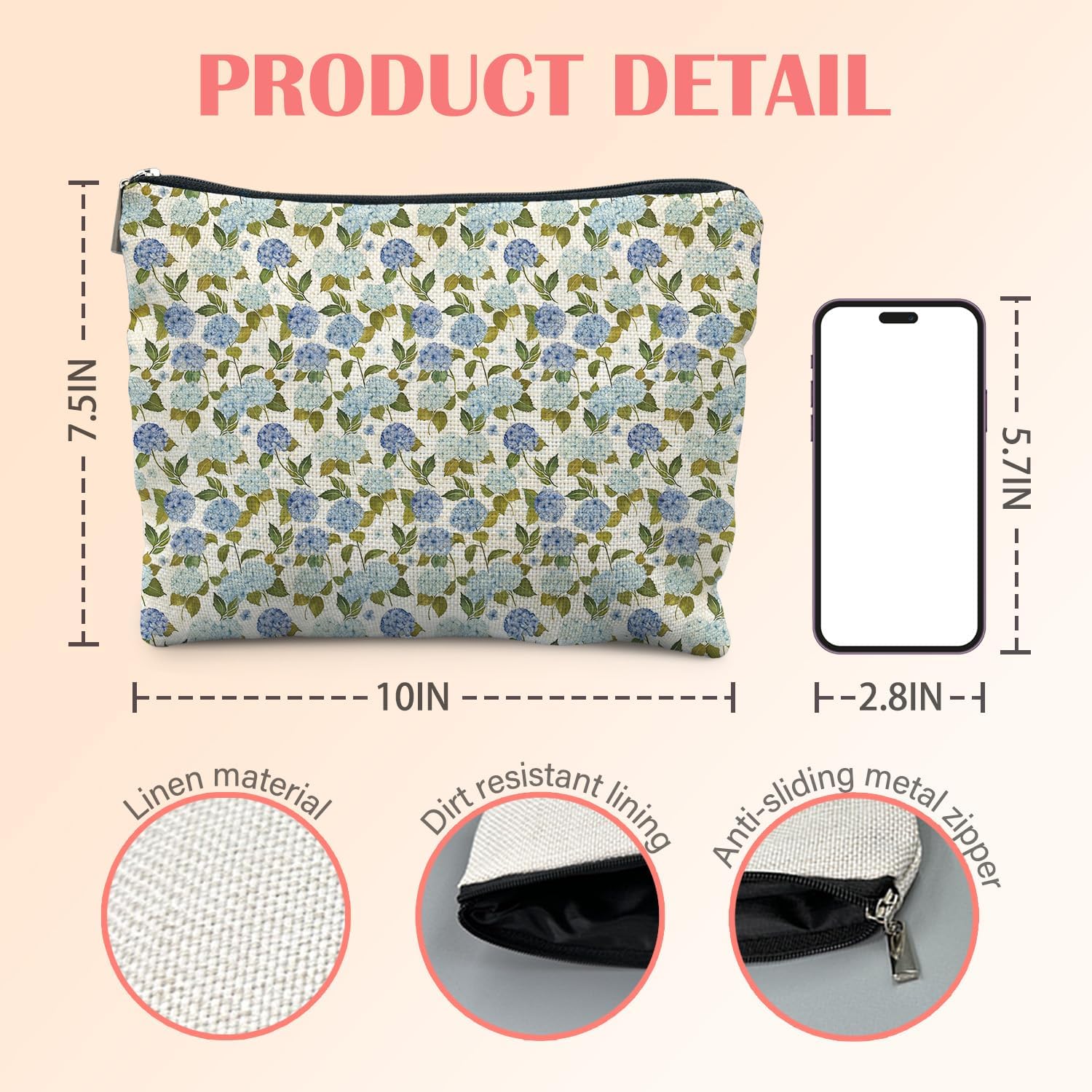 Blue Hydrangea Floral Makeup Bag for Women, Blue and Green Botanical Cosmetic Bag for Purse, Watercolor Hydrangea Pattern Makeup Zipper Pouch - Image 2