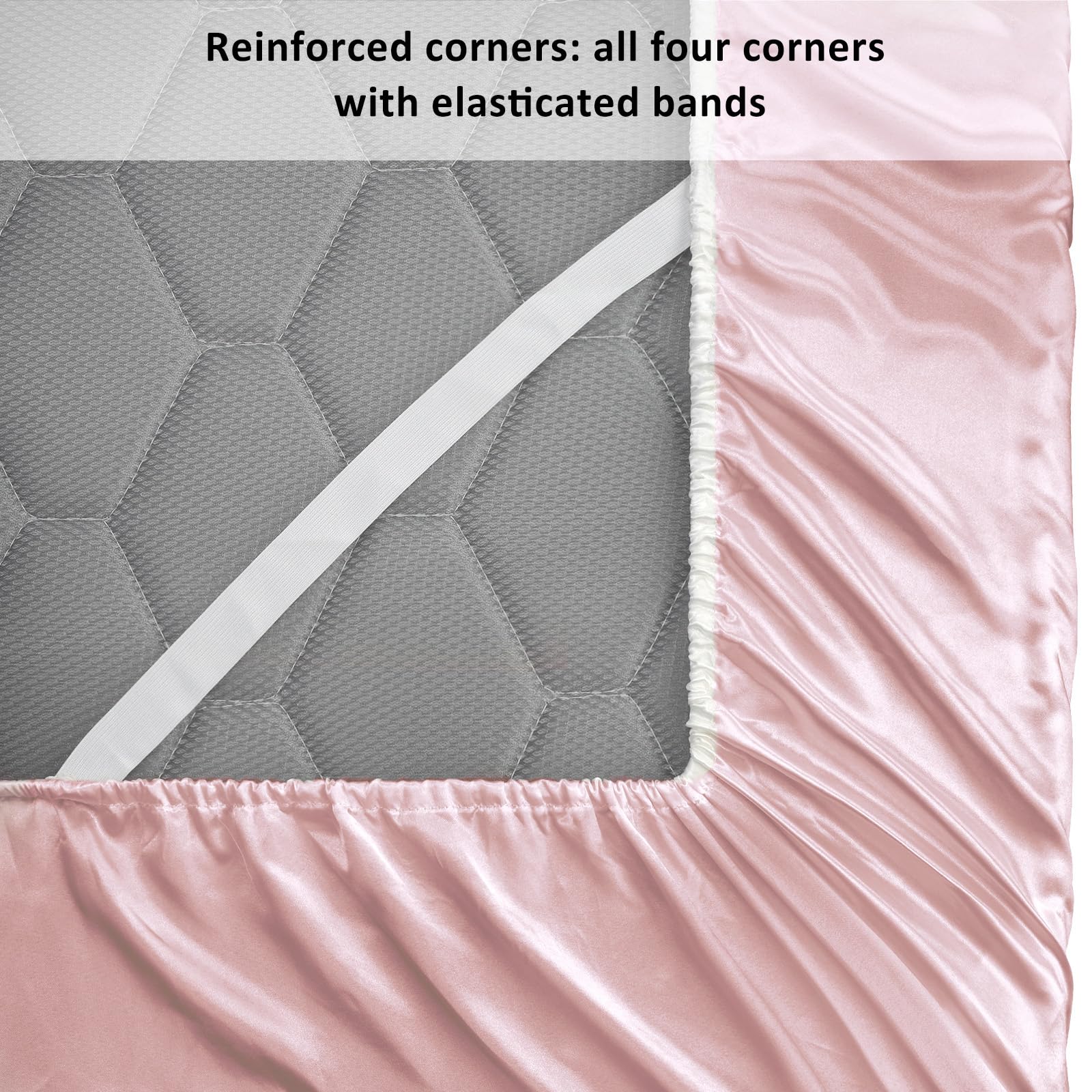 Sábana bajera de satén, lujosa ropa de cama de poliéster suave y sedoso con bolsillo profundo, funda de colchón, individual XL, rosa claro 4