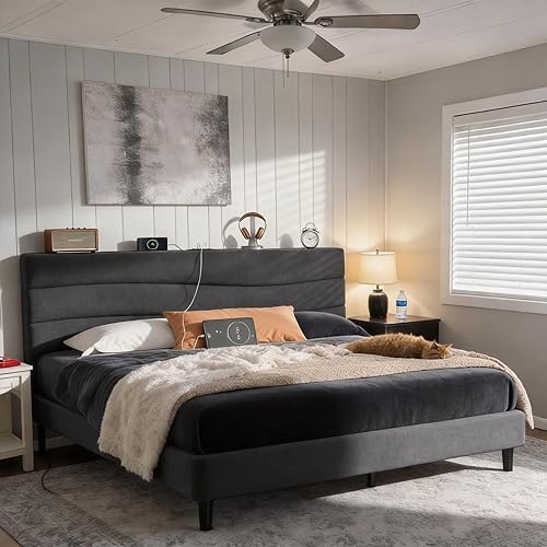 Miniatura 6 de EnHomee Base de cama tamaño King con cabecera tapizada de tela, marco de cama King con cabecera de almacenamiento y 3 estaciones de carga, listones