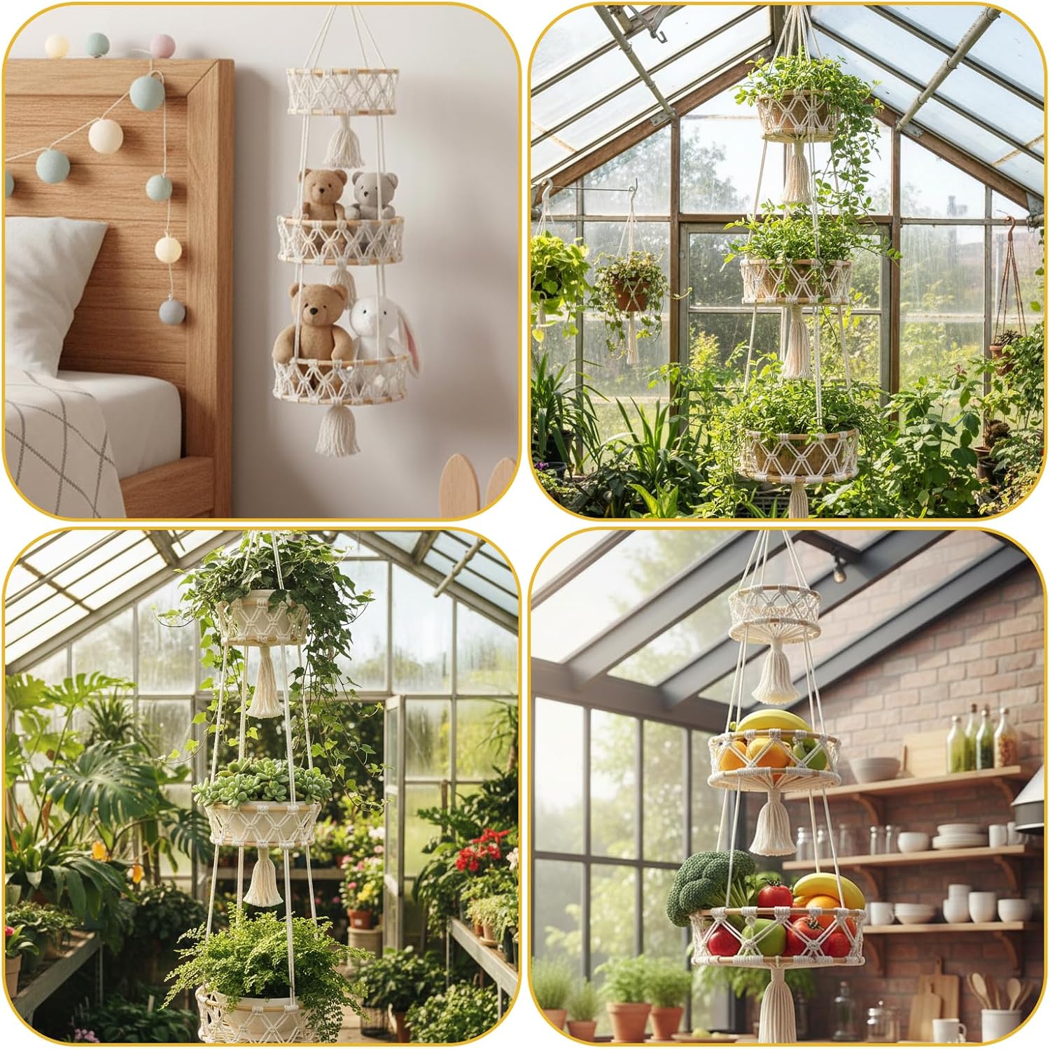 3 Tier 43.3 Inches Large Macrame Hanging Basket Cotton Rope Fruit and Vegetable Storage Basket for Kitchen, Boho Decor Kitchen Organizer Hanging Baskets Macrame Plant Hanger