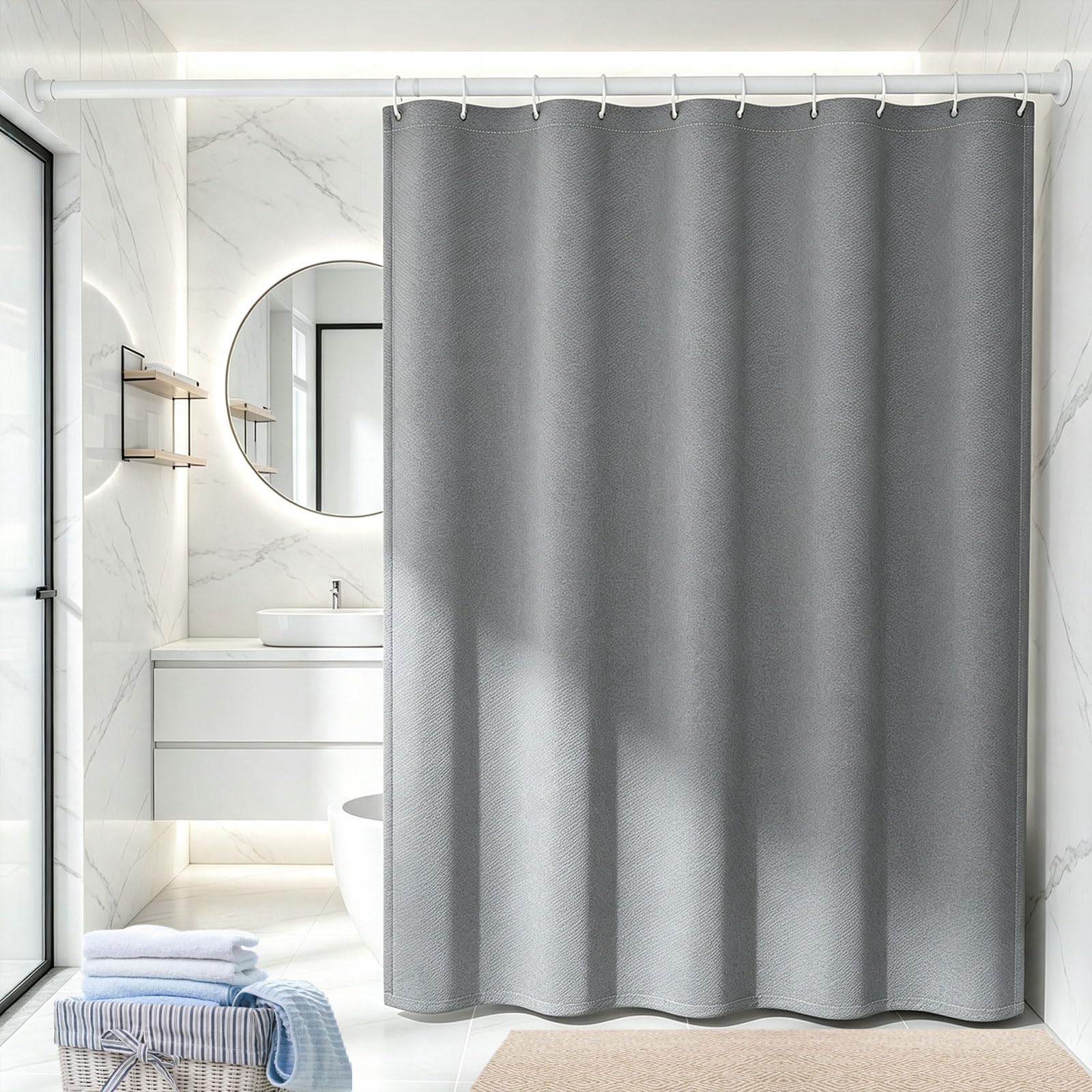 Liunadm Dark Grey Shower Curtains 115 X 180 Cm Mould Proof Resistant, Washable Bathroom Curtains With Hooks, Weighted Hem For Bathroom,
