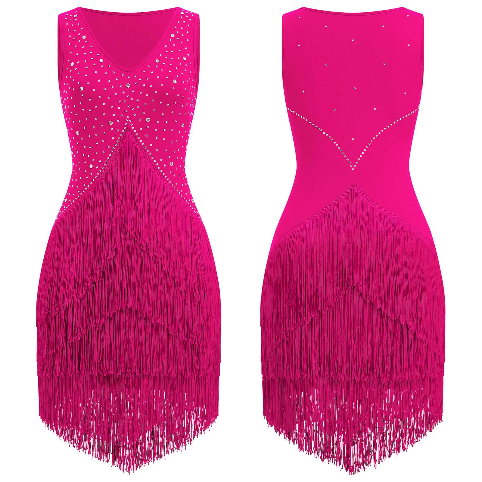 Abito da donna per salsa latina, stile vintage, anni '20, senza maniche, con strass, con frange, gatsby, cocktail, ballroom, tangos cha rumba