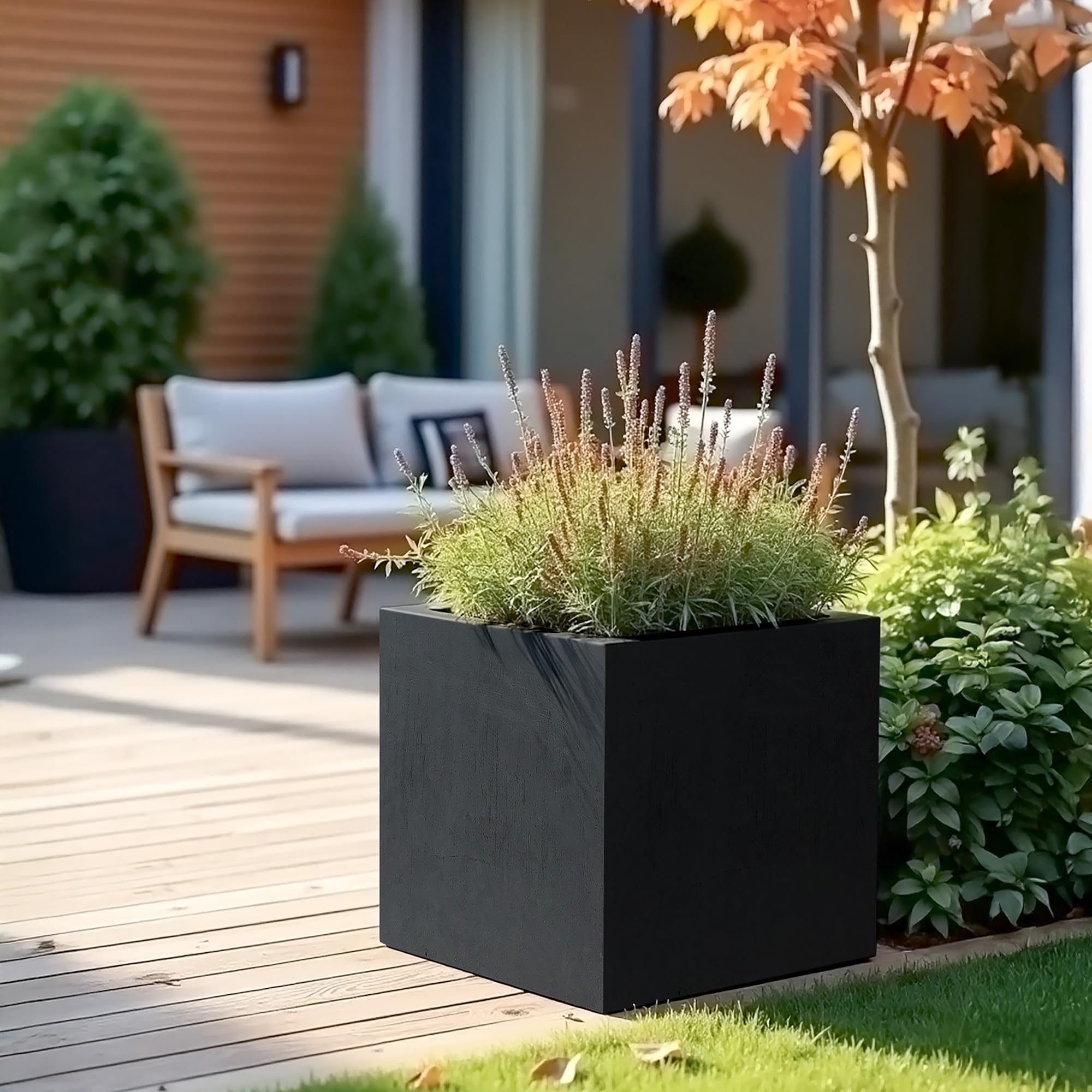 Sponsored Ad – IDEALIST 40cm Planter | Dark Grey Reinforced Stone Square Flower Pot with Drainage Holes L40 W40 H40.5 cm, 50 litres