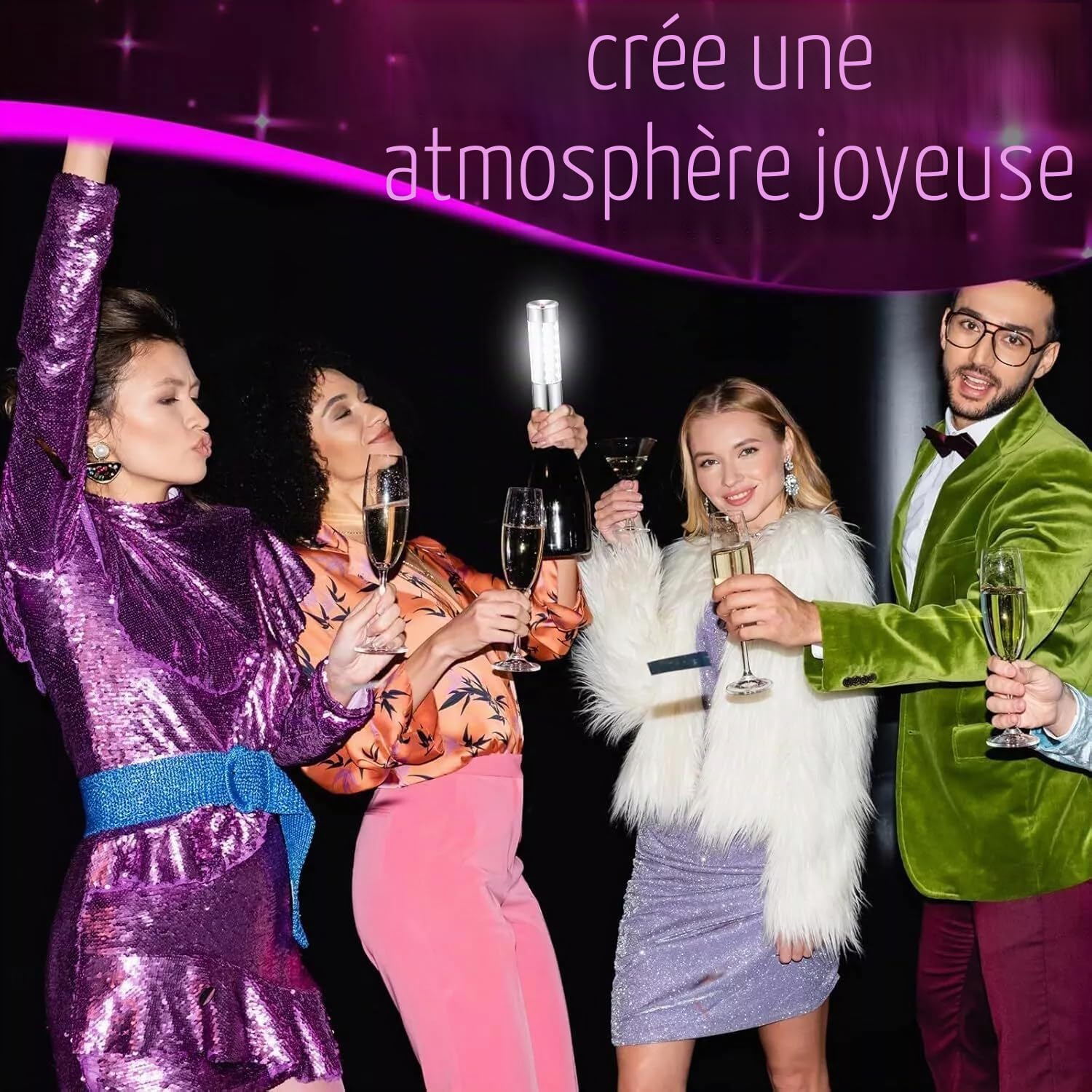 Baton Stroboscopique LED Bâton Lumineux Stroboscopique pour bouteille de champagne - lumière blanche, Réutilisable pour karaoké, bar, boîte de nuit, mariages, fêtes (Argenté 4)