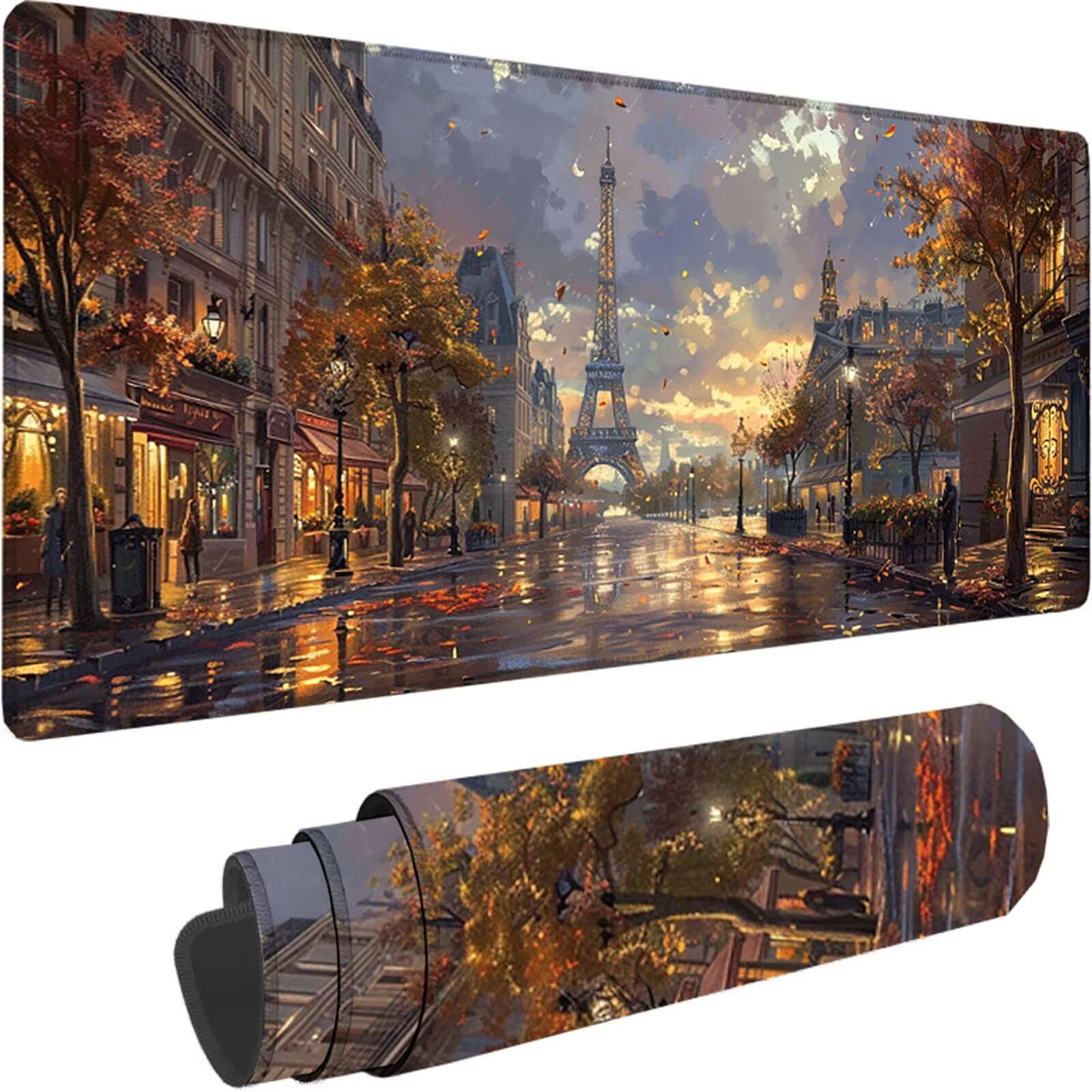 Podkładka pod mysz do gier, duża podkładka pod mysz XXL 1500 x 800 x 3 mm, podkładka pod mysz z wieżą Eiffla do klawiatury i biura, z przeszytymi krawędziami i antypoślizgową podkładką pod mysz do