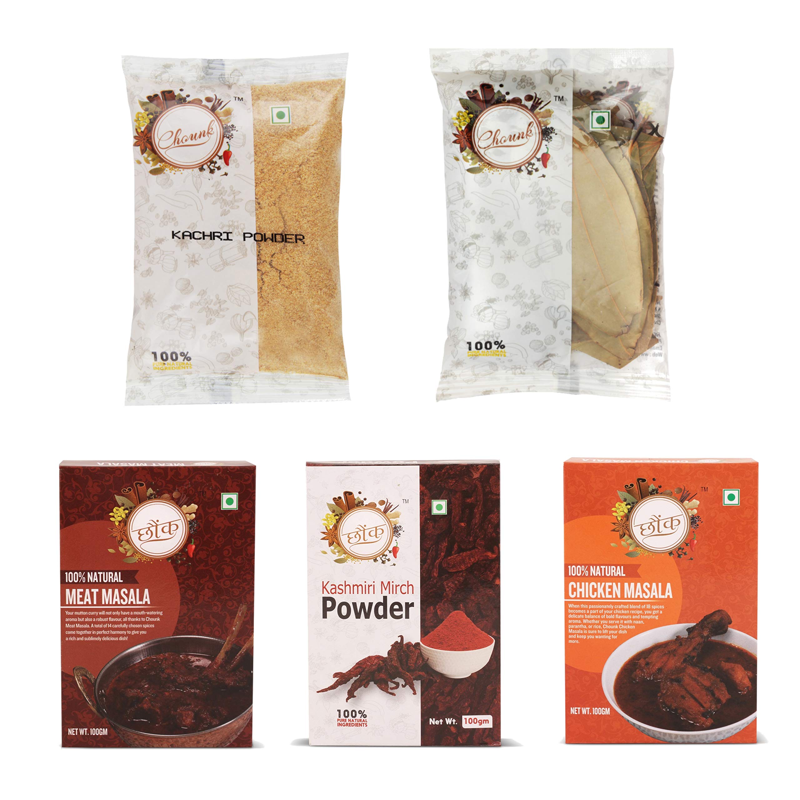 Chounk Mutton and Chicken Spice Combo Pack, 420 grams | Chicken Masala | Meat Masala | Kachri Powder | Kashmiri Mirch | Tej Patta