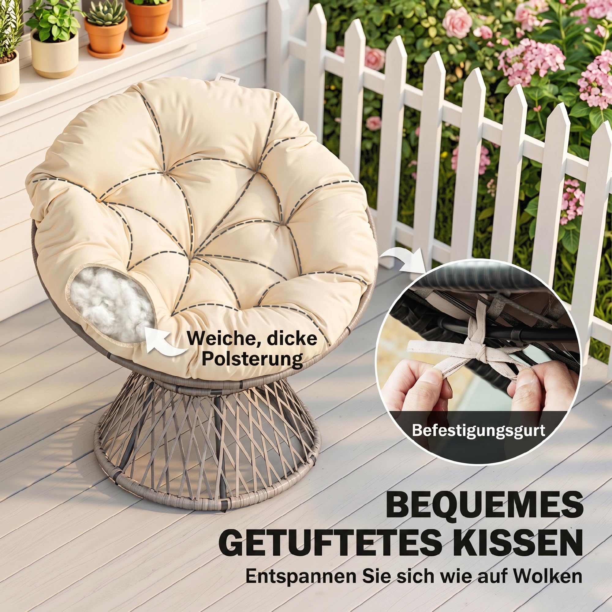 Outsunny Papasansessel Korbsessel Sessel mit Polster 360 Grad Rattan Beige B87 x T97 x H86 cm