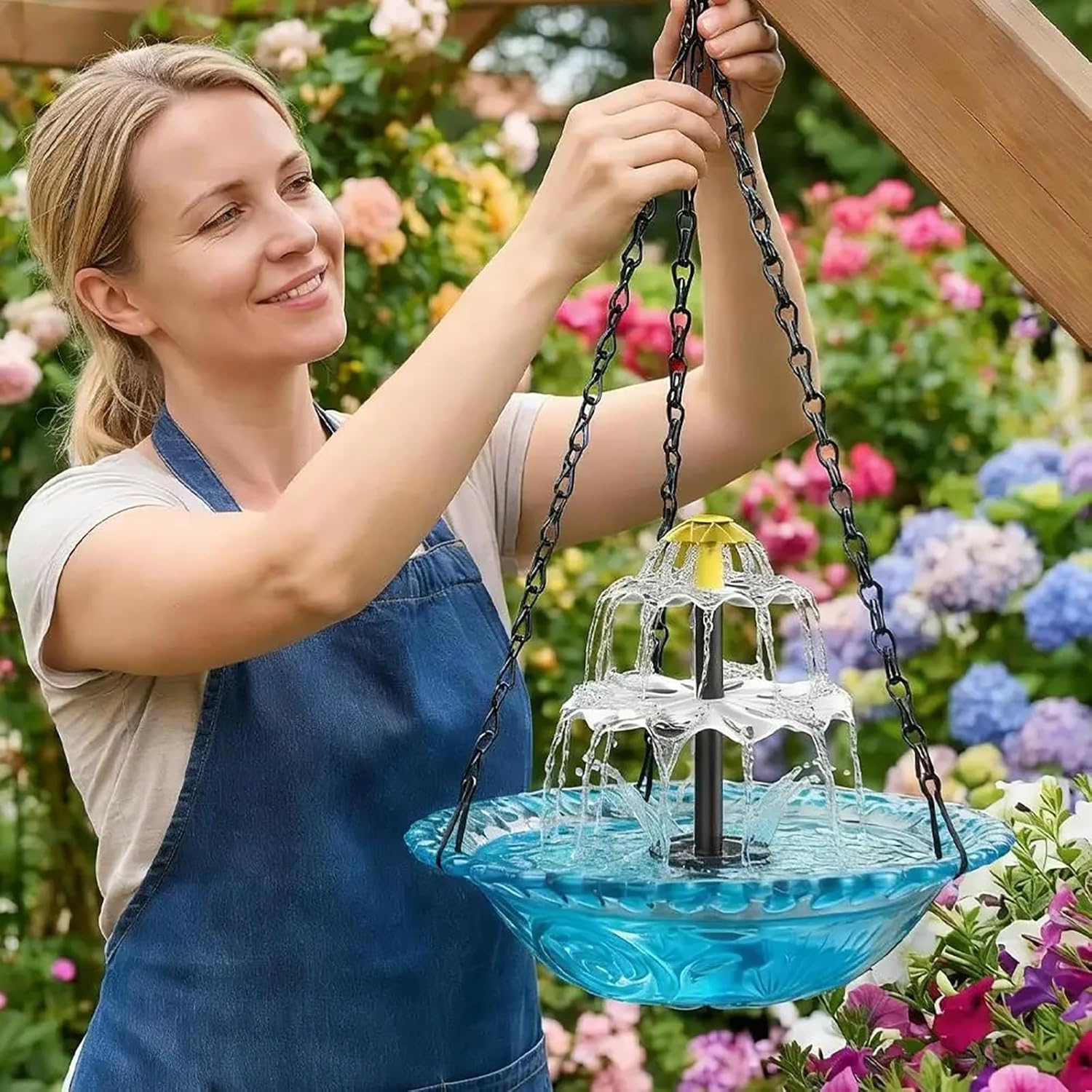 Hanging Solar Bird Bath Fountain 3 Layers,Solar Cascade Hanging Bird Bath Fountain, Weatherproof & Easy to Maintain Attract Wild Birds to Garden, Patio,Blue