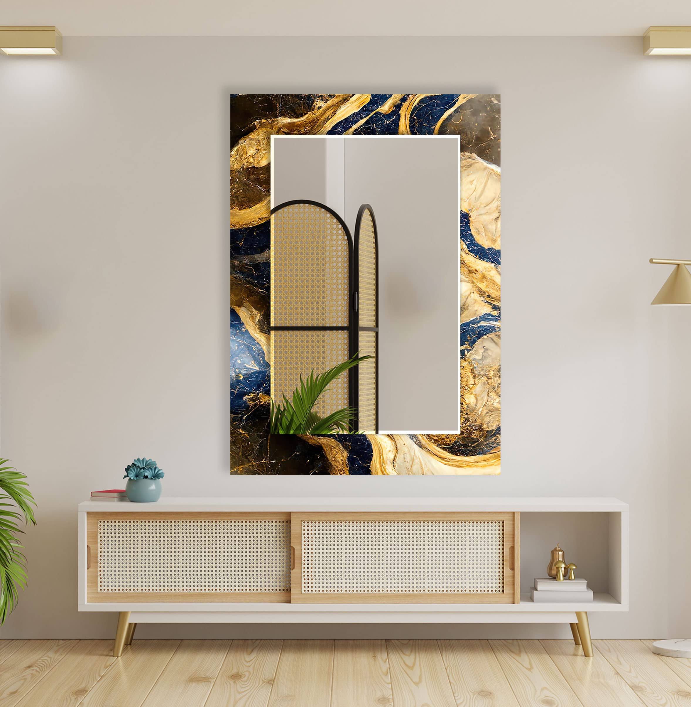 Lustro ze szkła hartowanego 119 x 45 cm (poziome) duże złote lustro ścienne do jadalni dekoracja unikalne fazowane lustro ścienne nieregularne lustro asymetryczne