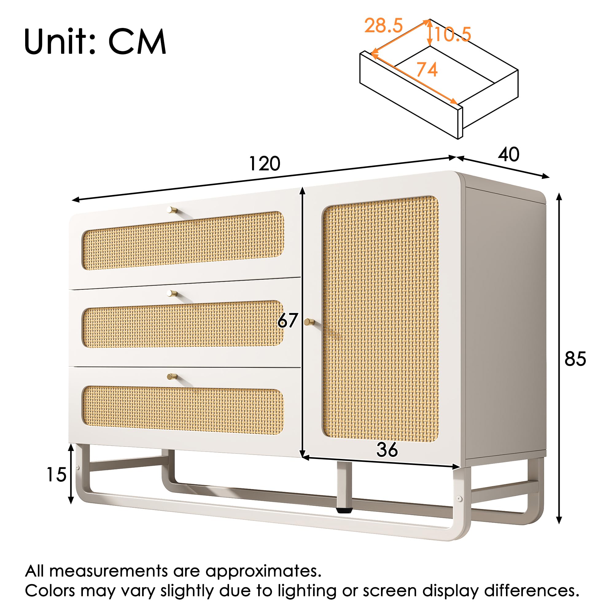 Merax Kommode Weiß mit 3 Schubladen und 1 Tür, Sideboard 120cm, Moderner Komodenschrank Schubladenschrank mit Rattan, Goldgriffen, Verstellbare Ablage, Metallbeinen, für Wohnzimmer, Schlafzimmer, Flur
