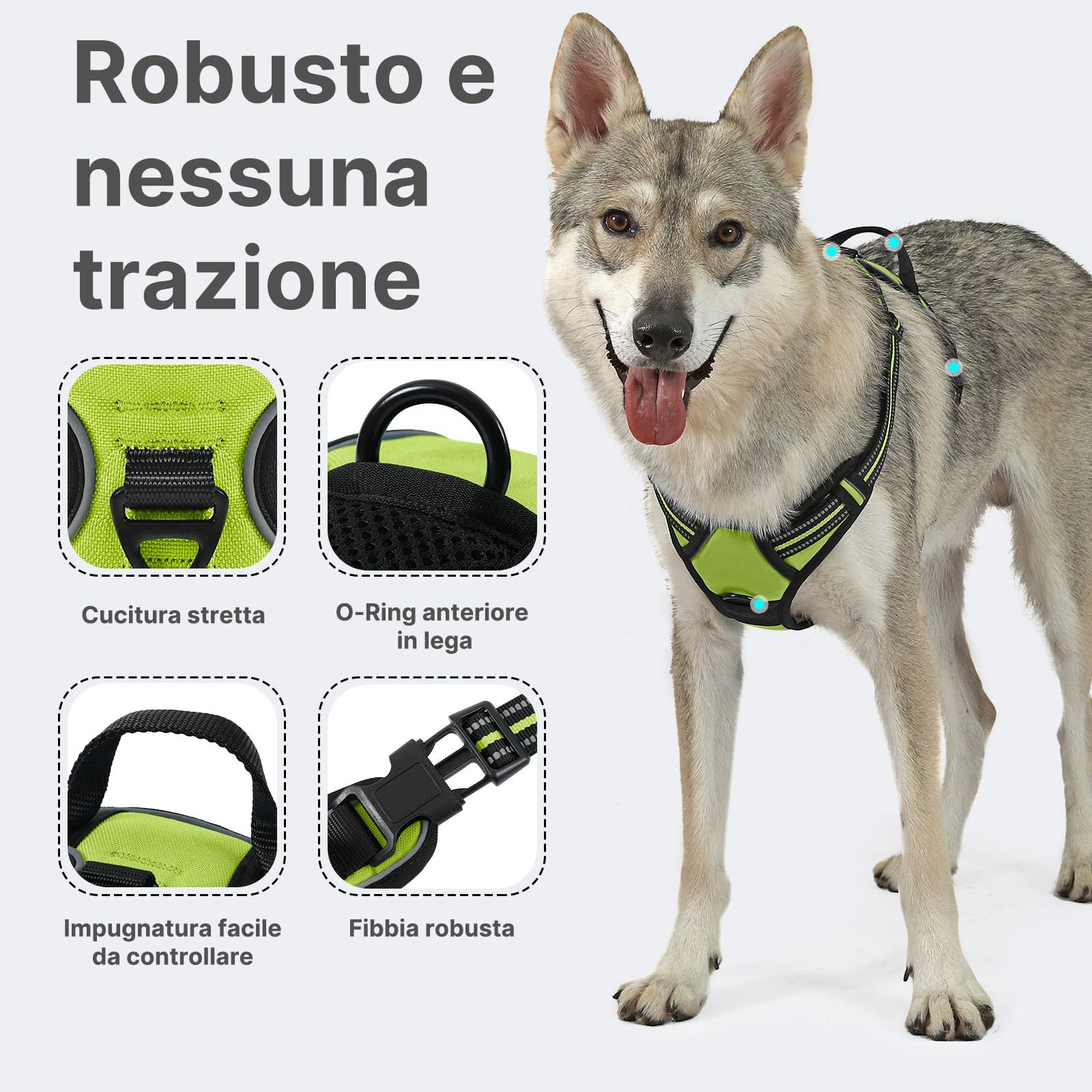 COMSLE Pettorina Cane Taglia Grande Media Piccola, Pettorina per Cani Anti Tiro Riflettente, Imbracatura Regolabile Cani con 2 Ganci in Metallo per Addestramento Corsa (Verde, L)