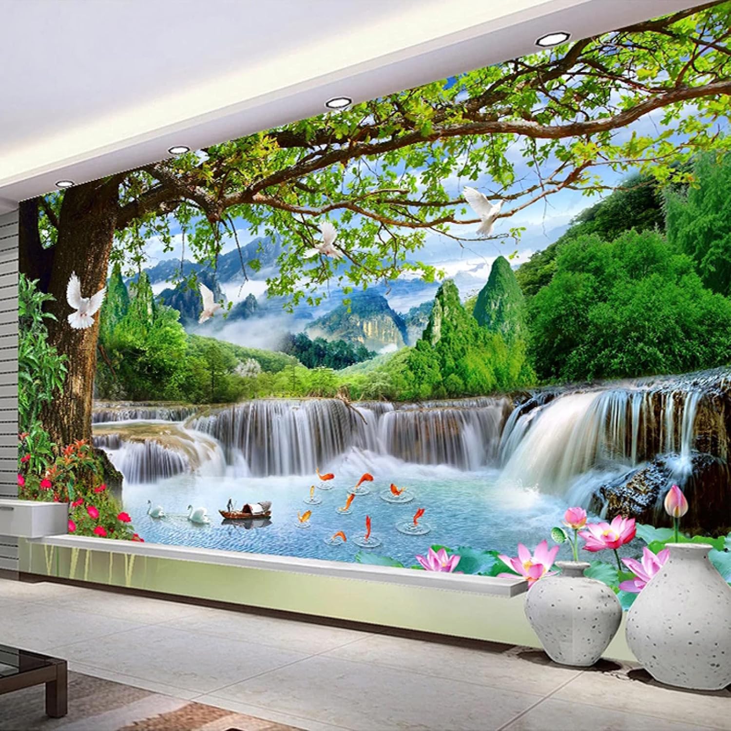 LHGBGBLN 壁画緑の木の森の滝自然の風景3Dポスター写真壁紙寝室リビングルーム背景壁画