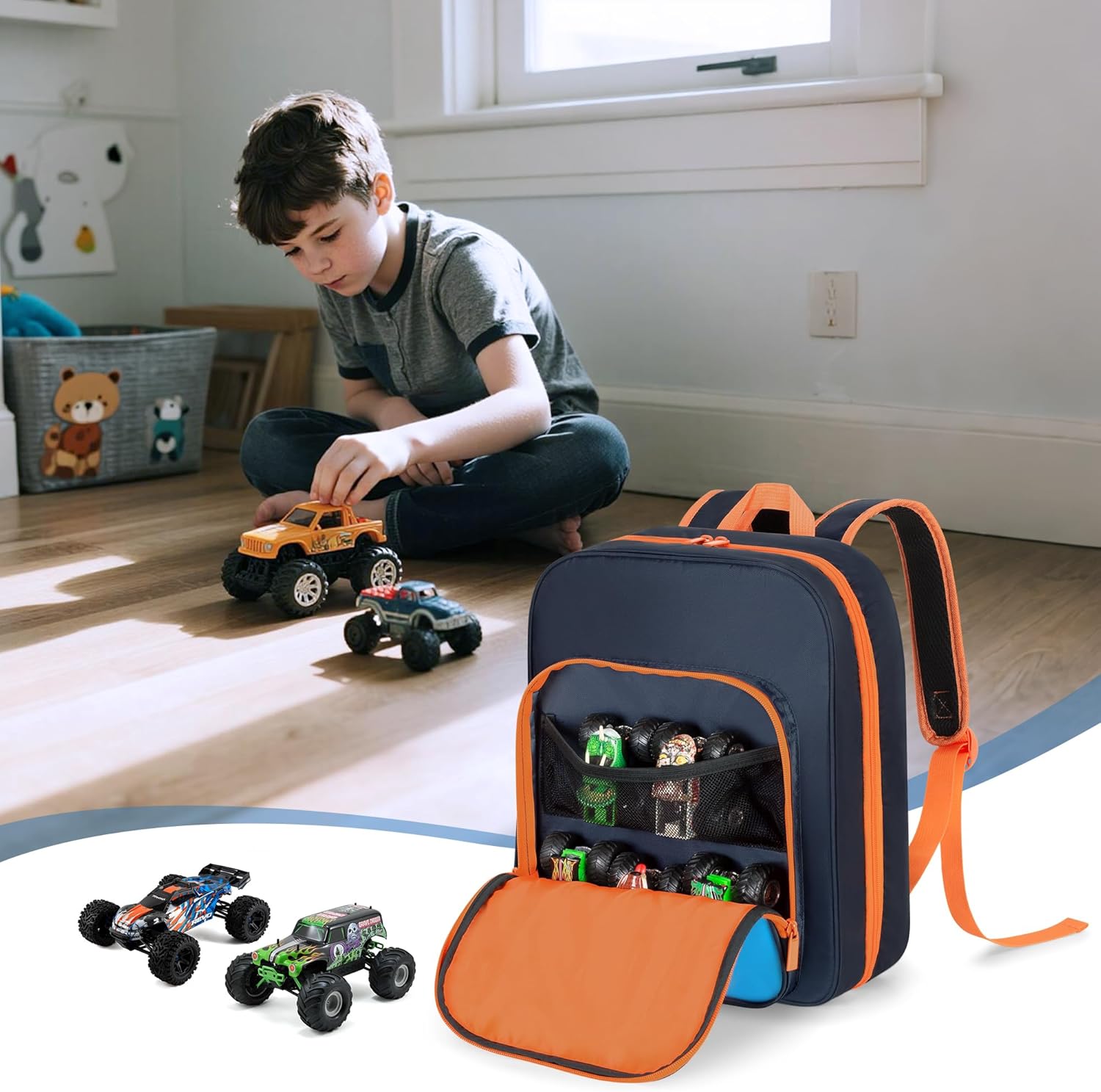 CURMIO Toy Cars Storage Backpack Compatible with Monster Jam Trucks/Hot Wheels 1:64 Scale Monster Trucks, Portable Carrying Case Bag with Front Pocket for Monster Truck, Dark Blue (Bag Only)