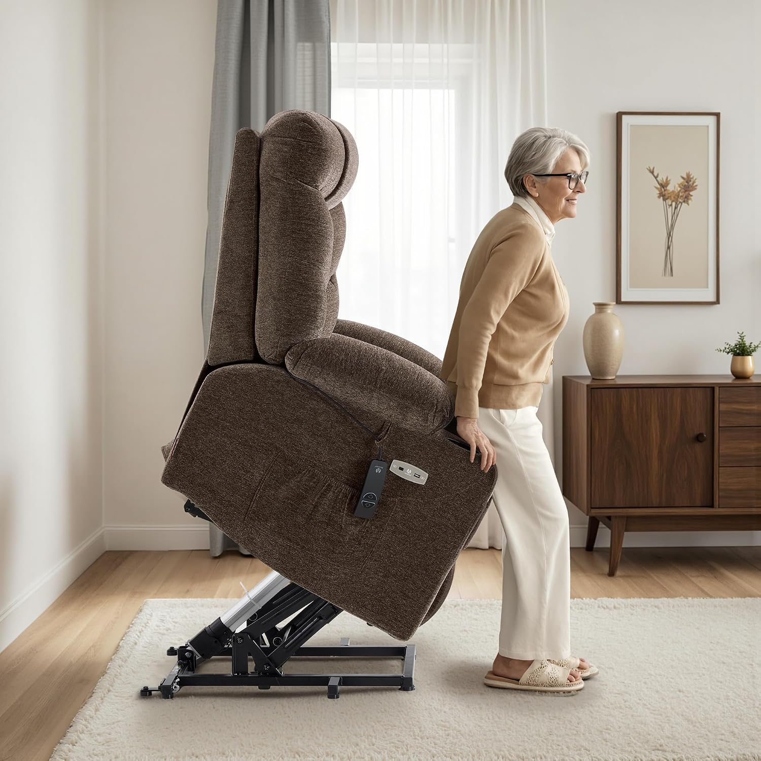 MCombo Oversized Power Lift Recliner Chair with Extended Footrest, Extra Wide for Big and Tall Elderly People, Fabric R7289 (Brown, Medium-Oversize)