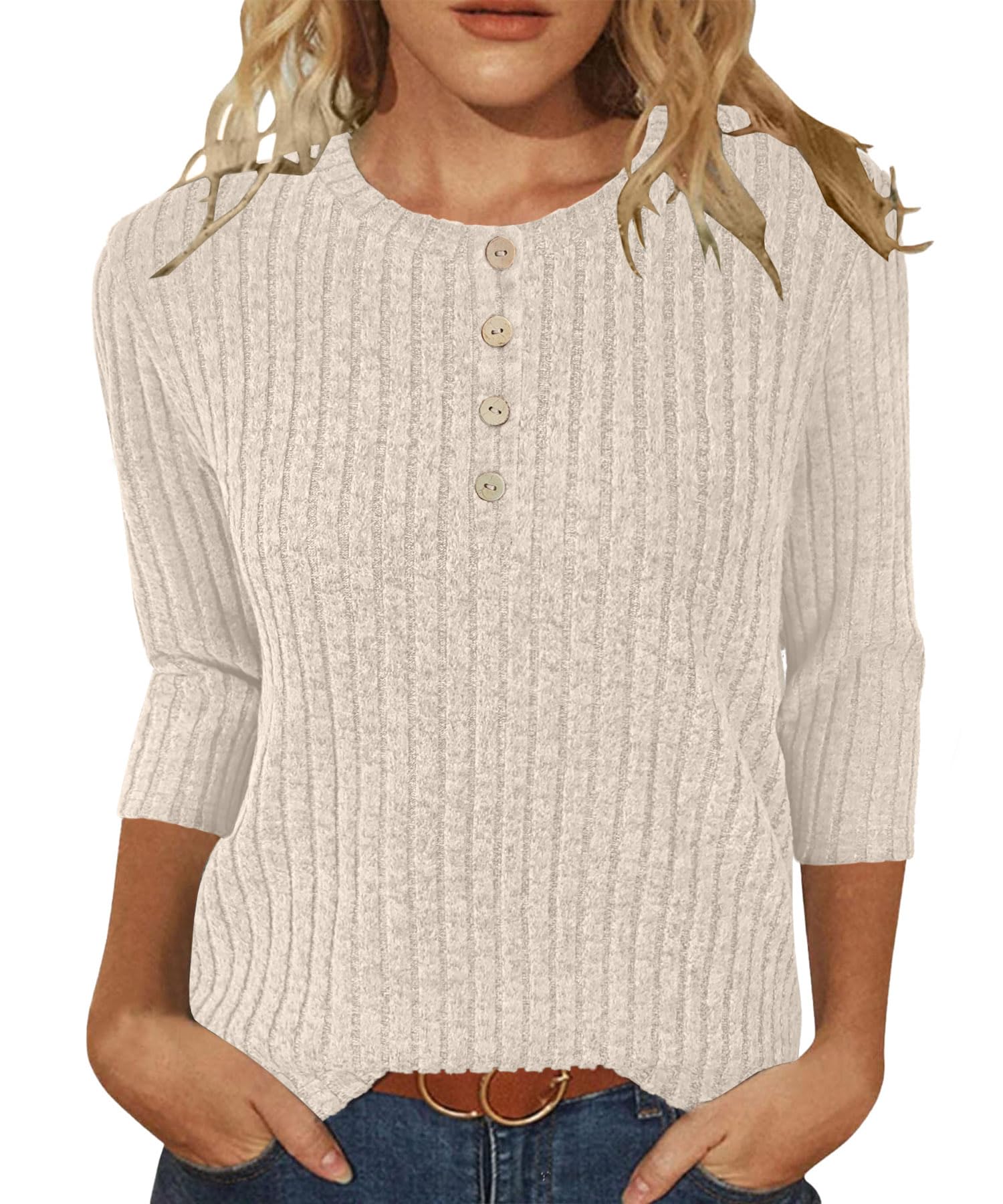 JomeDesign Sweaters for Women 3 4 Sleeve Tops Round Neck Sweatshirt Loose Casual Blouses