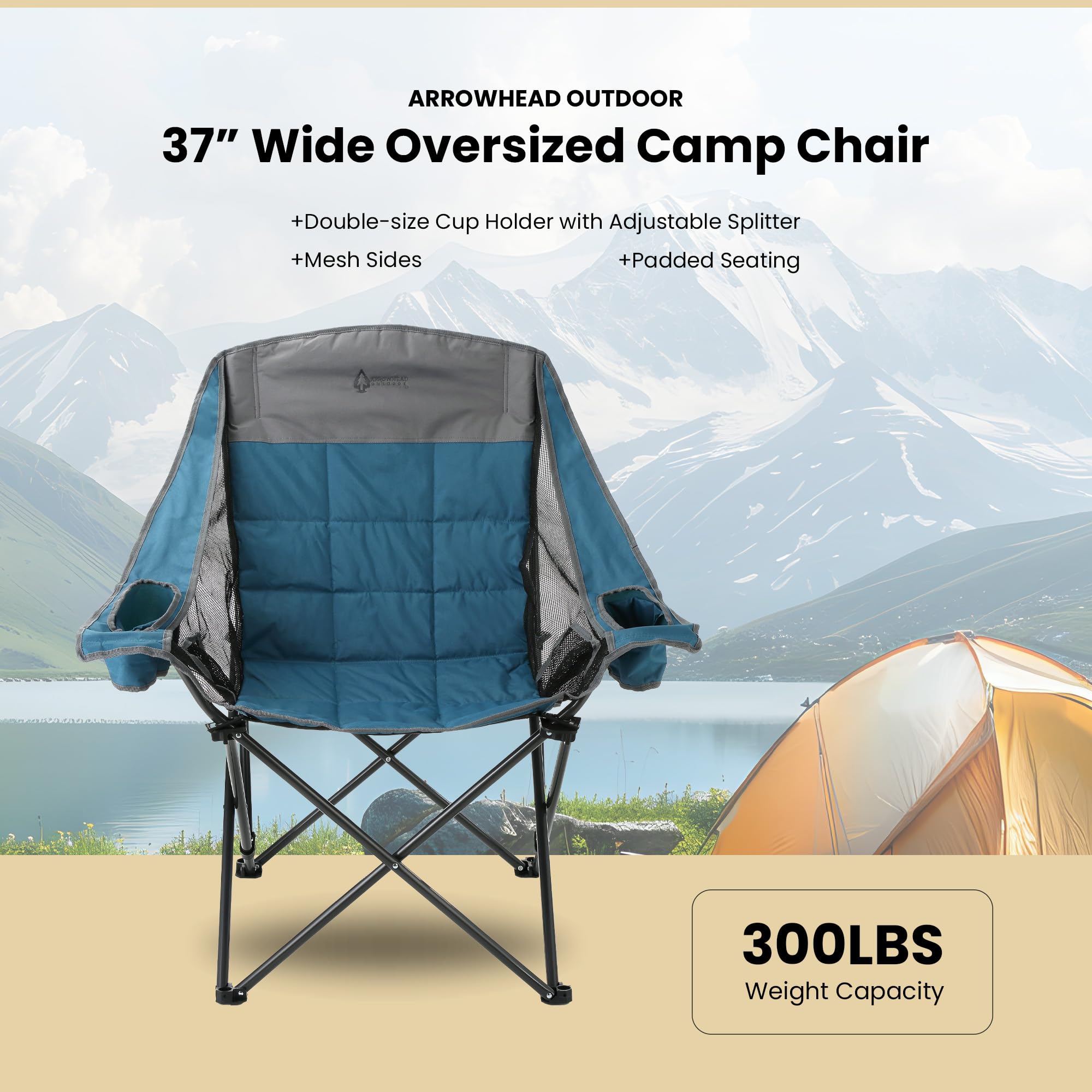 ARROWHEAD OUTDOOR Oversized Folding Camp Chair w/Adjustable Double Sized Cup Holder, Mesh Sides, Inner Pockets, Carry Bag, 300 LBS Weight Capacity