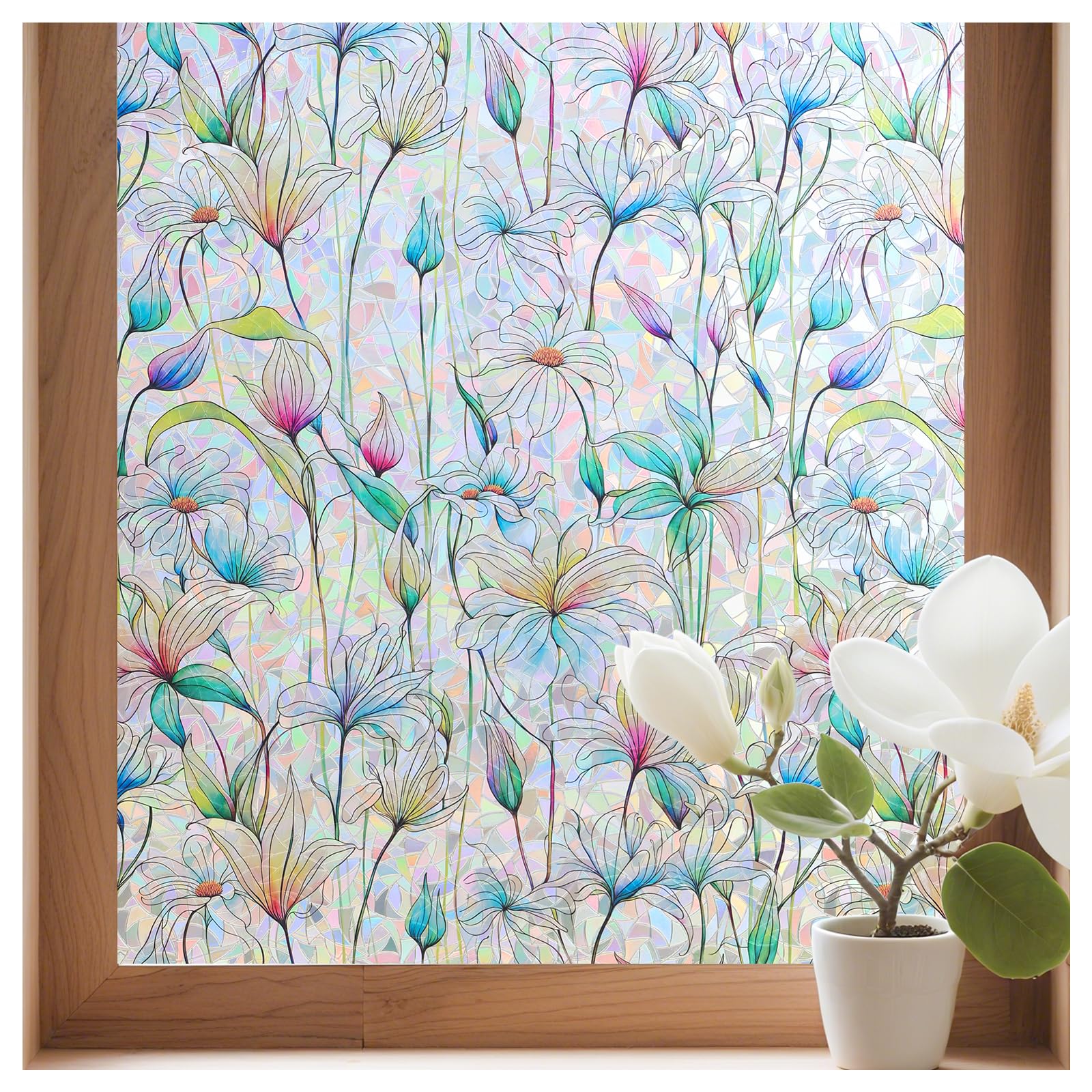 Conkov Window Privacy Film with Rainbow Effect, Tansparent Static Cling Stained Glass Film Self Adhesive, Removable 3D Decorative Window Cover for Home Office Glass, Magnolia alba, 44.5 x 400 cm โ image 1