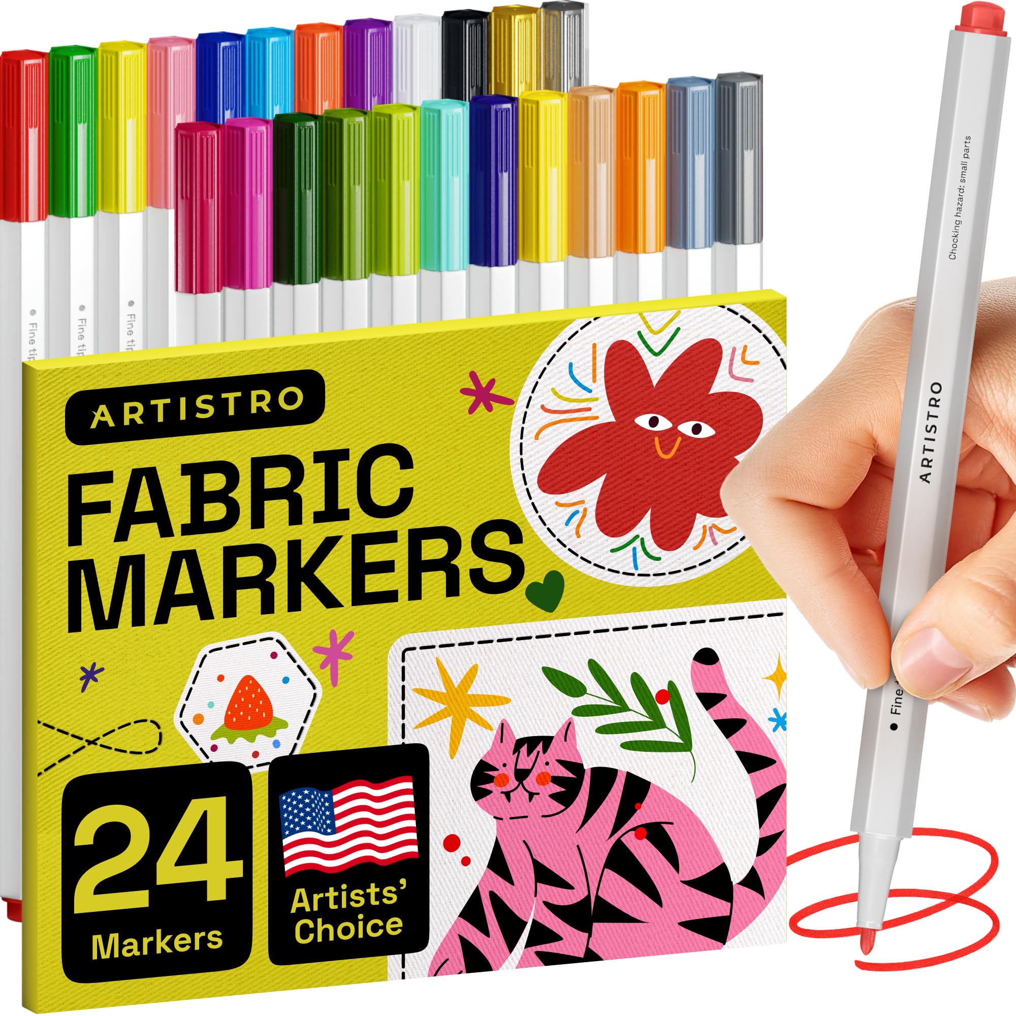 ARTISTRO 24 Fabric Markers - Fine Tip Fabric Markers Permanent for Clothes - No Bleed Pens for T-Shirts, Bags, Textile, Canvas, and more