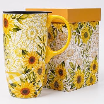 DUSVALLY 17oz Ceramic Travel Mug with Lid Sunflower Tall Coffee Cup for Home Office, Microwave & Dishwasher Safe, Color Gift Box