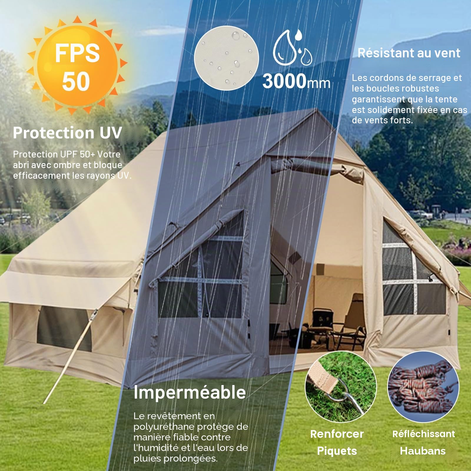 Tente de Camping Gonflable avec bâches, Tente familiale Gonflable 2/4/6/8 Personnes pour Le Camping, Grande Maison de Tente Gonflable avec Double Toit, Tente Gonflable Facile à Monter