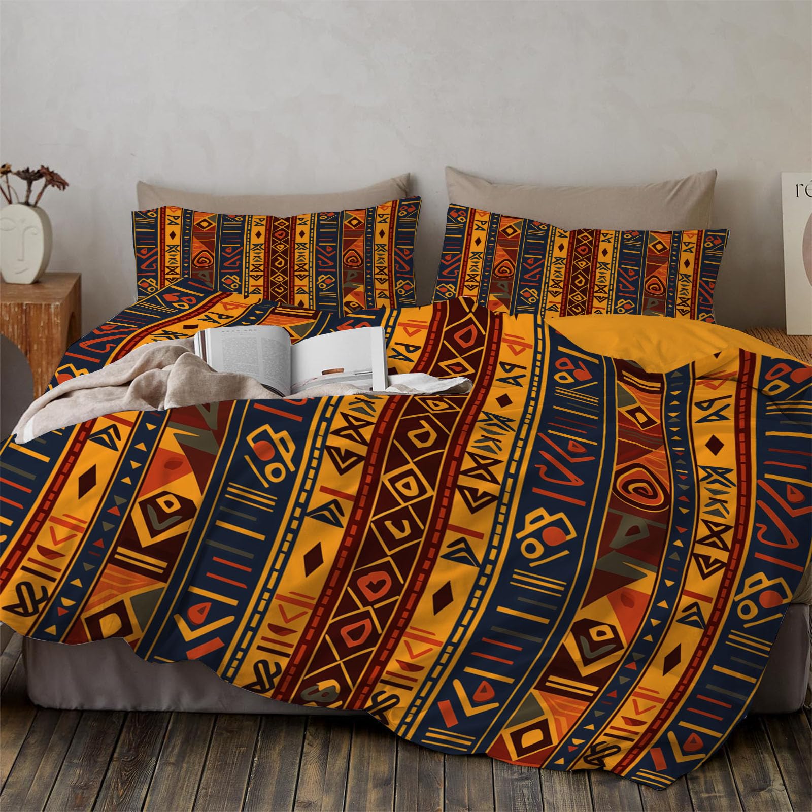 Housse de couette 140x200cm géométrique marron et 2 taies d'oreiller